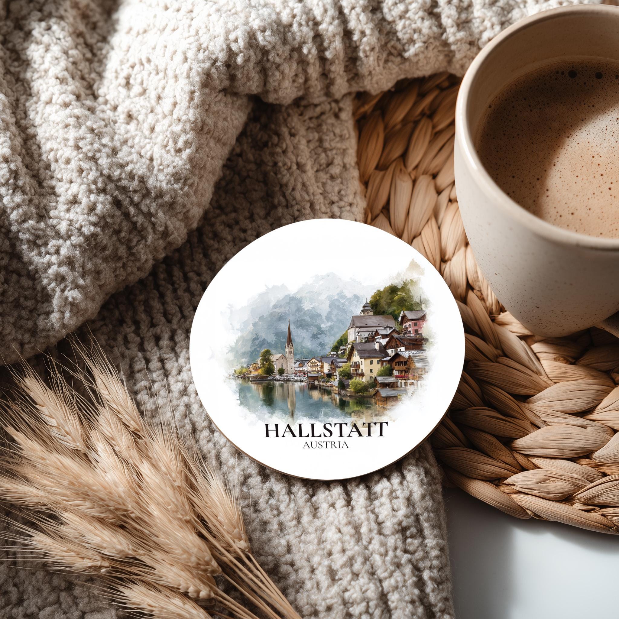 Hallstatt Austria Coaster, Watercolor Personalized Painting, Travel Gift Souvenir, Home Decor, Ceramic Set
