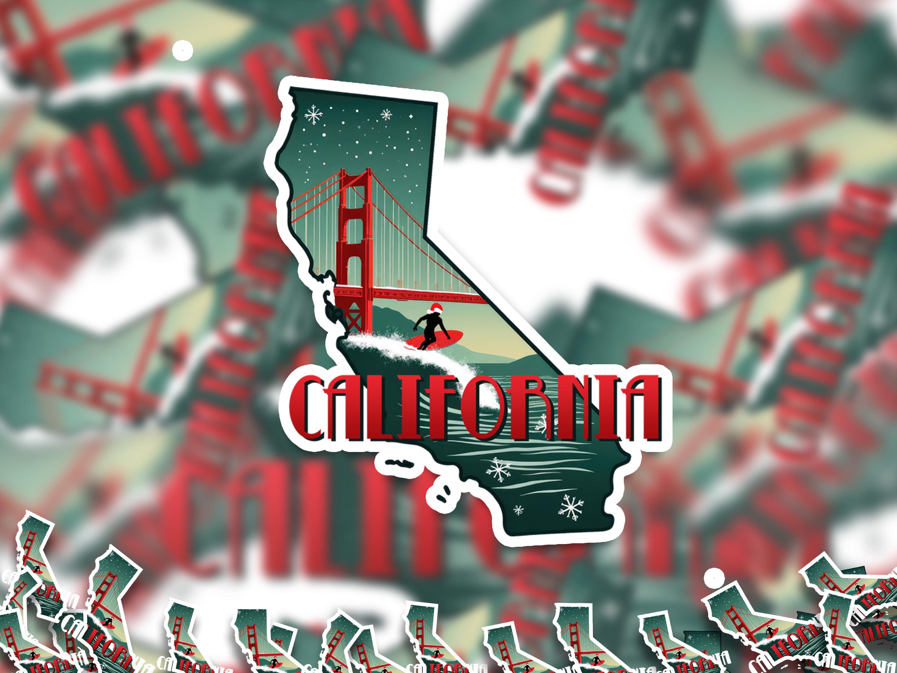 California Christmas Sticker, Vintage States Xmas Vinyl Decals Waterproof, Retro Laptop, Scrapbook Tumbler