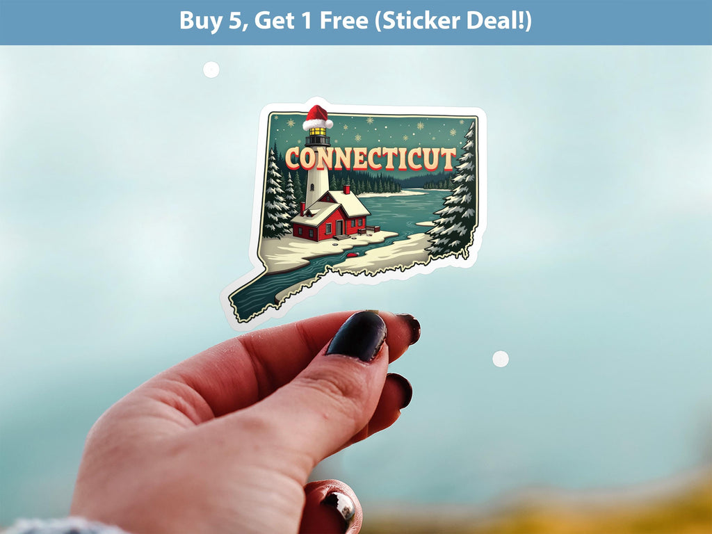 Connecticut Christmas Sticker, Vintage States Xmas Vinyl Decals Waterproof, Retro Laptop, Scrapbook Tumbler