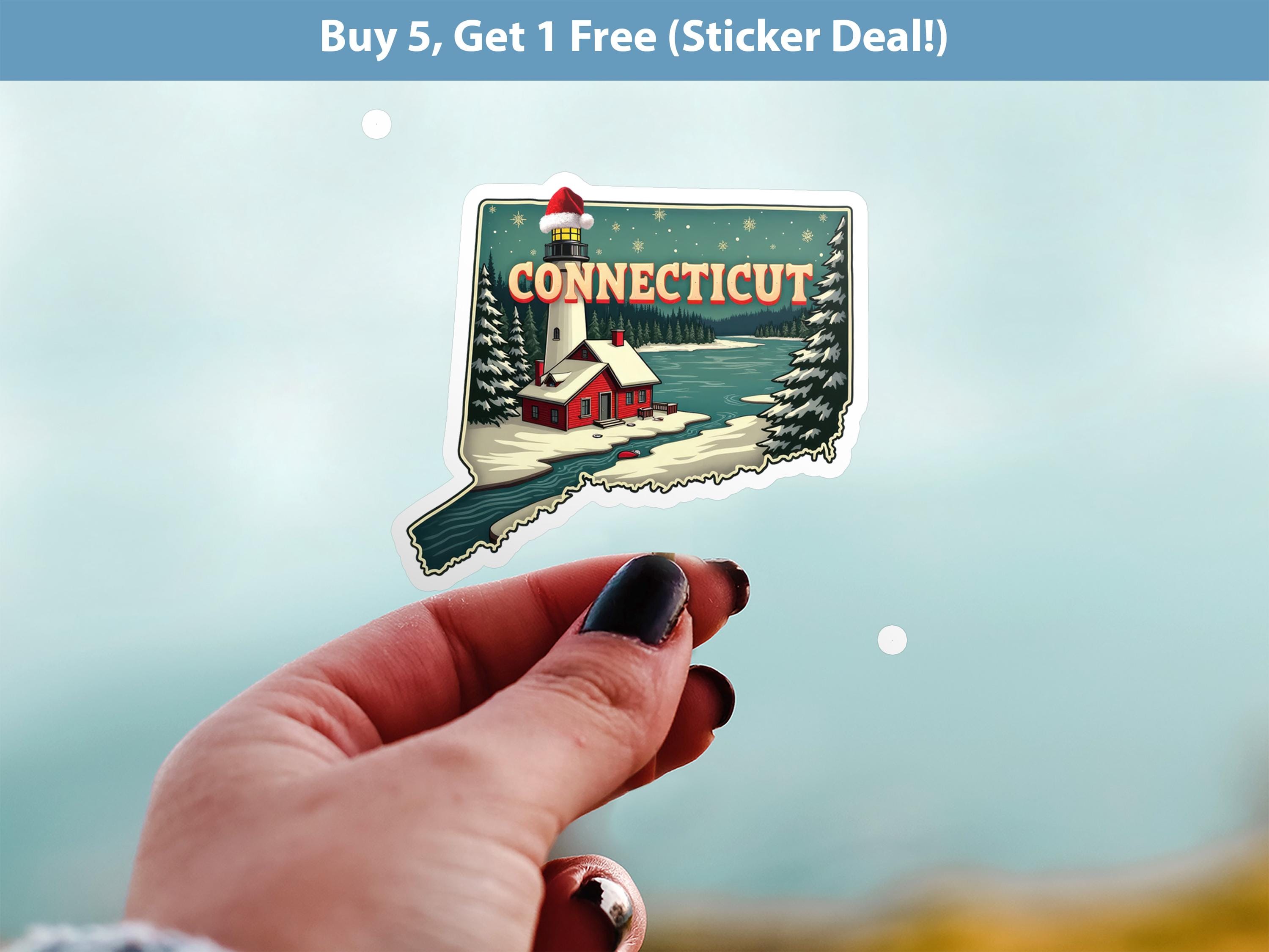 Connecticut Christmas Sticker, Vintage States Xmas Vinyl Decals Waterproof, Retro Laptop, Scrapbook Tumbler