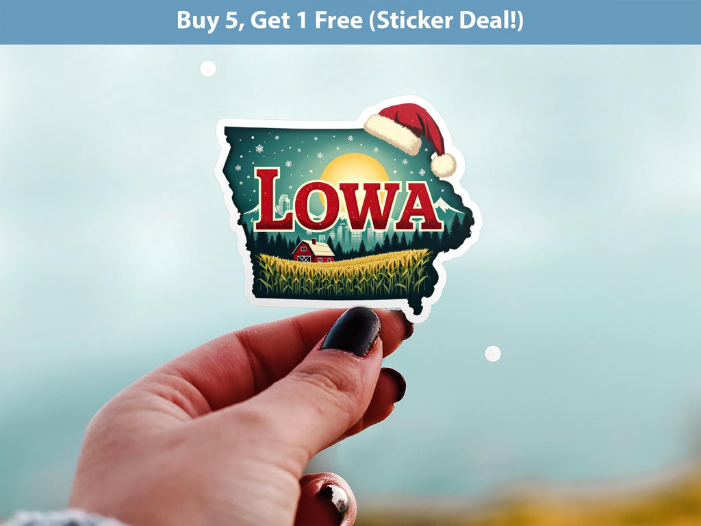 Iowa Christmas Sticker, Vintage States Xmas Vinyl Decals Waterproof, Retro Laptop, Scrapbook Tumbler