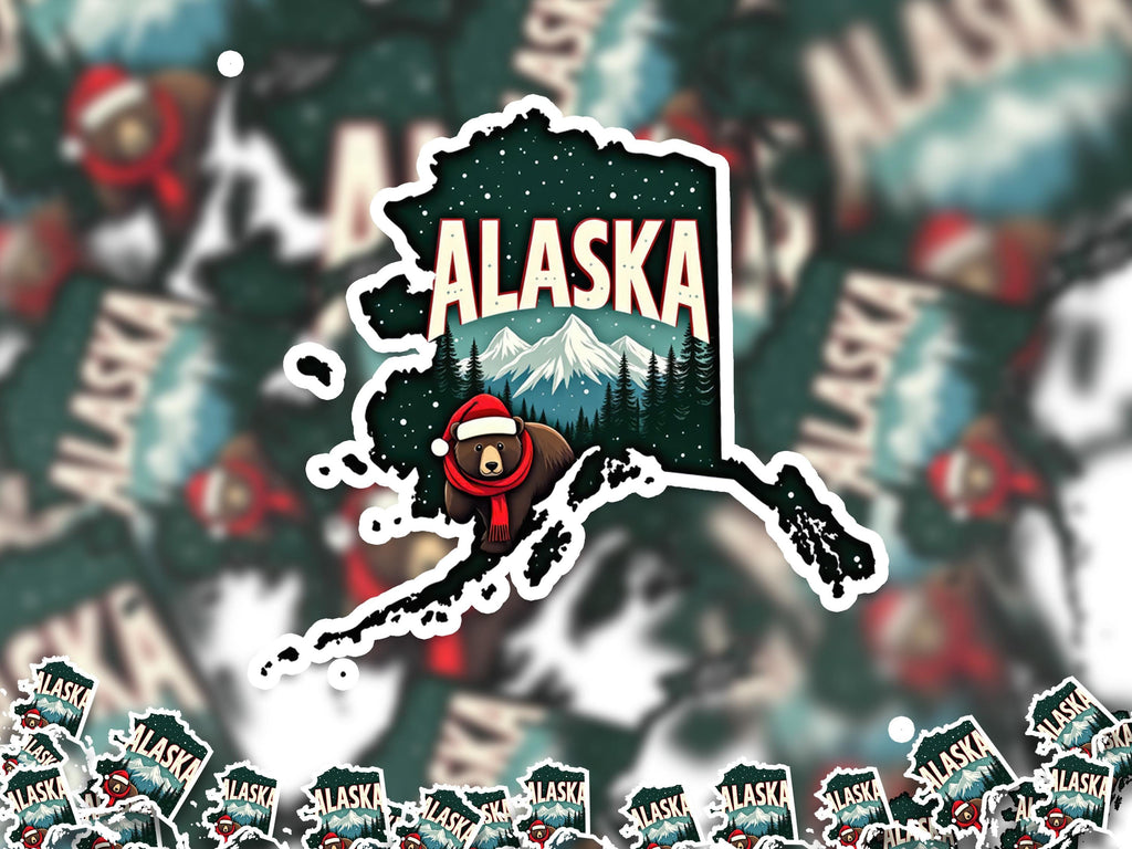 Alaska Christmas Sticker, Vintage States Xmas Vinyl Decals Waterproof, Retro Laptop, Scrapbook Tumbler