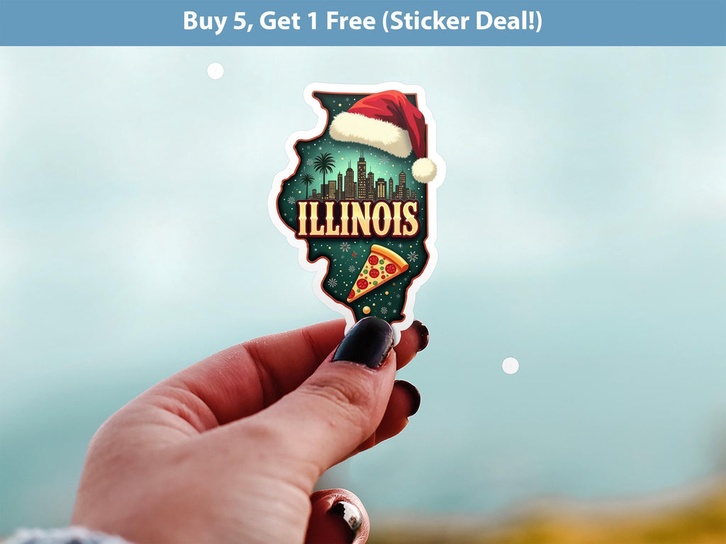Illinois Christmas Sticker, Vintage States Xmas Vinyl Decals Waterproof, Retro Laptop, Scrapbook Tumbler