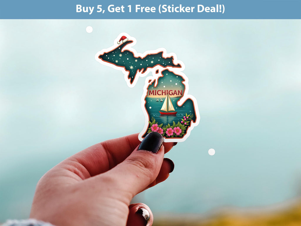 Michigan Christmas Sticker, Vintage States Xmas Vinyl Decals Waterproof, Retro Laptop, Scrapbook Tumbler
