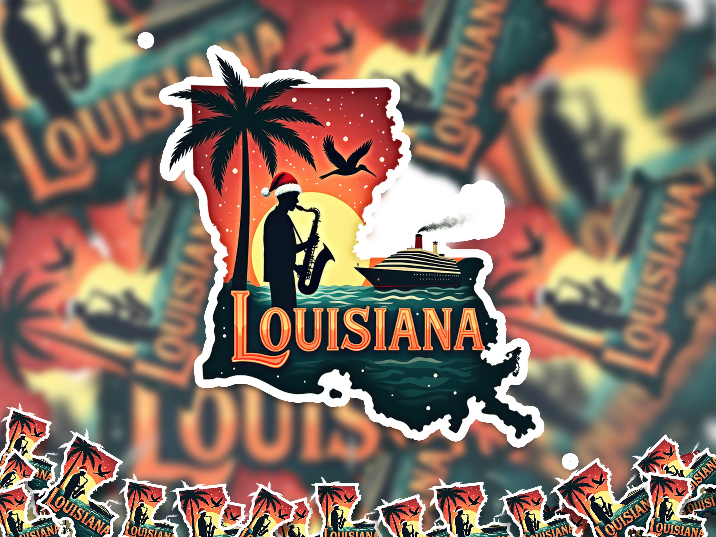 Louisiana Christmas Sticker, Vintage States Xmas Vinyl Decals Waterproof, Retro Laptop, Scrapbook Tumbler