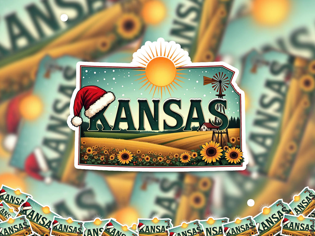 Kansas Christmas Sticker, Vintage States Xmas Vinyl Decals Waterproof, Retro Laptop, Scrapbook Tumbler