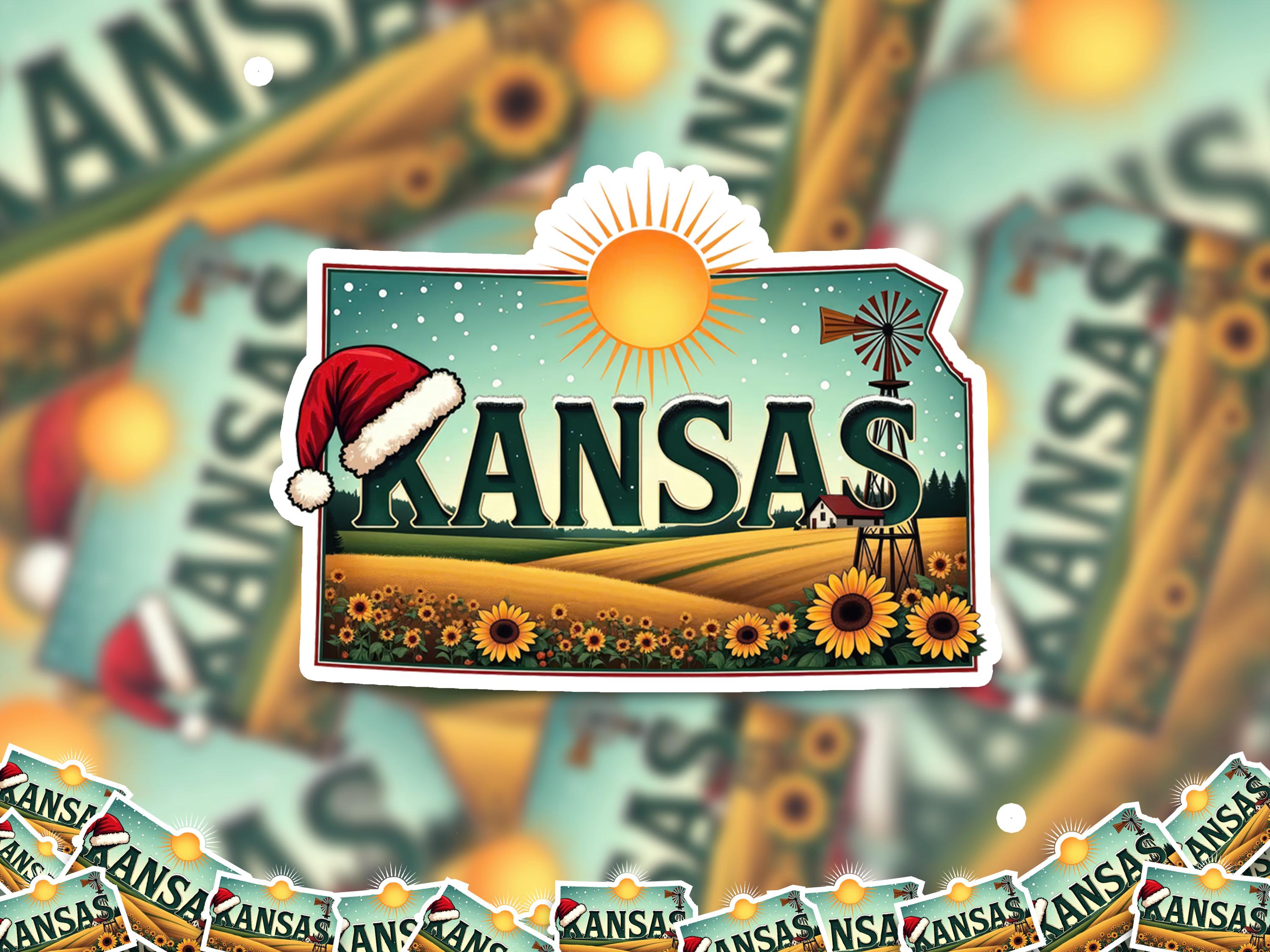 Kansas Christmas Sticker, Vintage States Xmas Vinyl Decals Waterproof, Retro Laptop, Scrapbook Tumbler