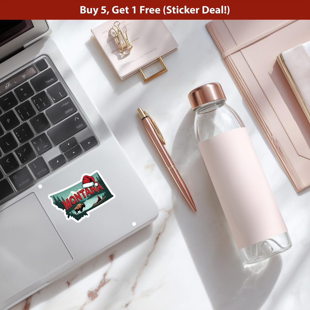 Montana Christmas Sticker, Vintage States Xmas Vinyl Decals Waterproof, Retro Laptop, Scrapbook Tumbler