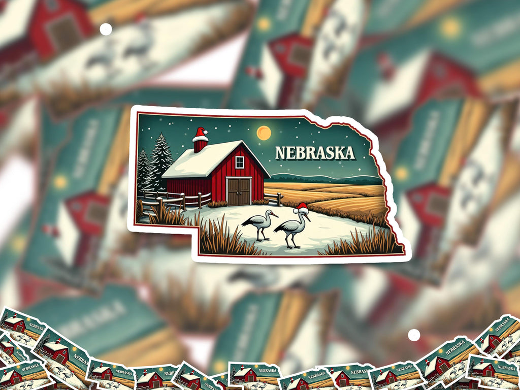 Nebraska Christmas Sticker, Vintage States Xmas Vinyl Decals Waterproof, Retro Laptop, Scrapbook Tumbler