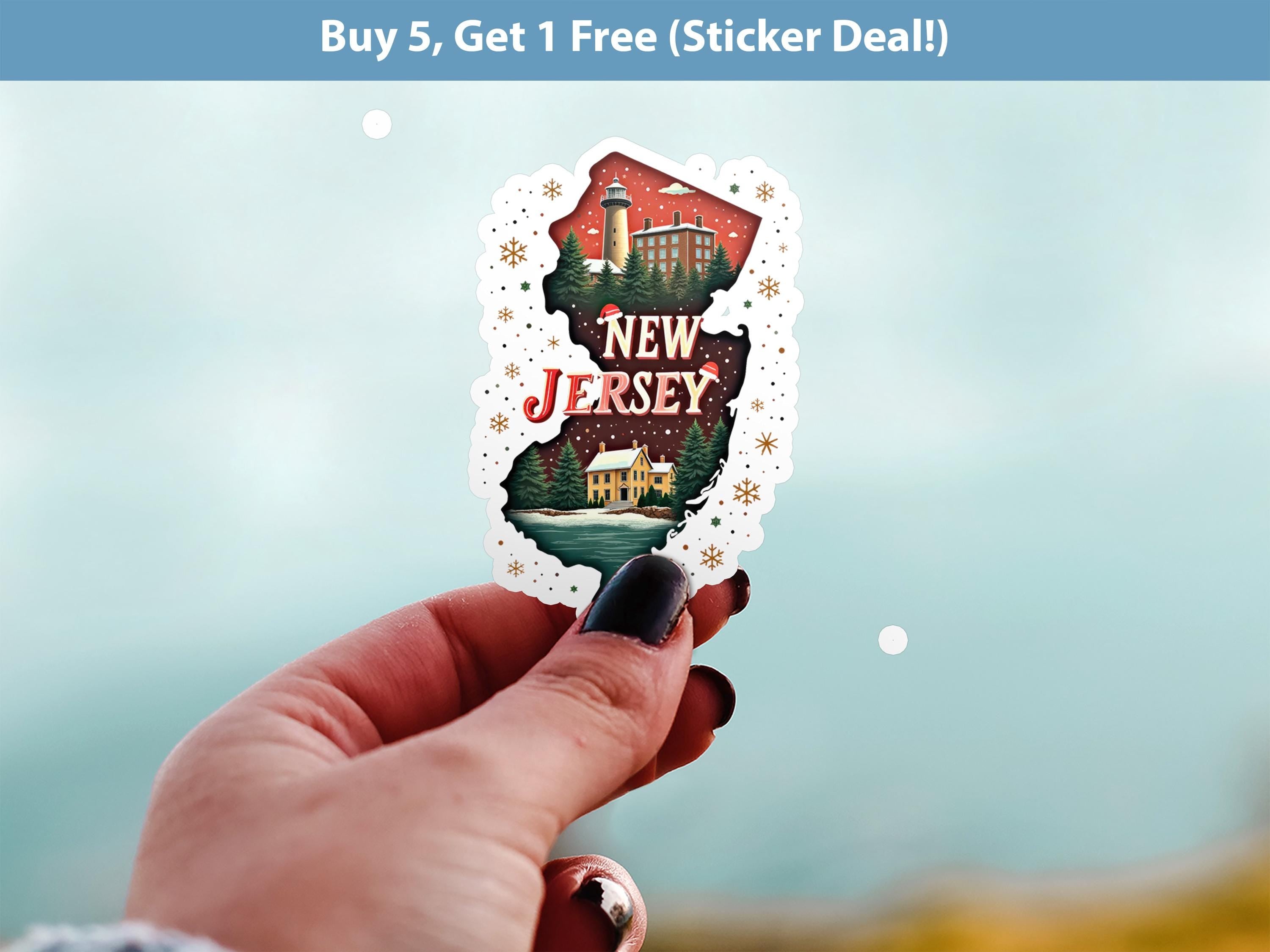 New Jersey Christmas Sticker, Vintage States Xmas Vinyl Decals Waterproof, Retro Laptop, Scrapbook Tumbler