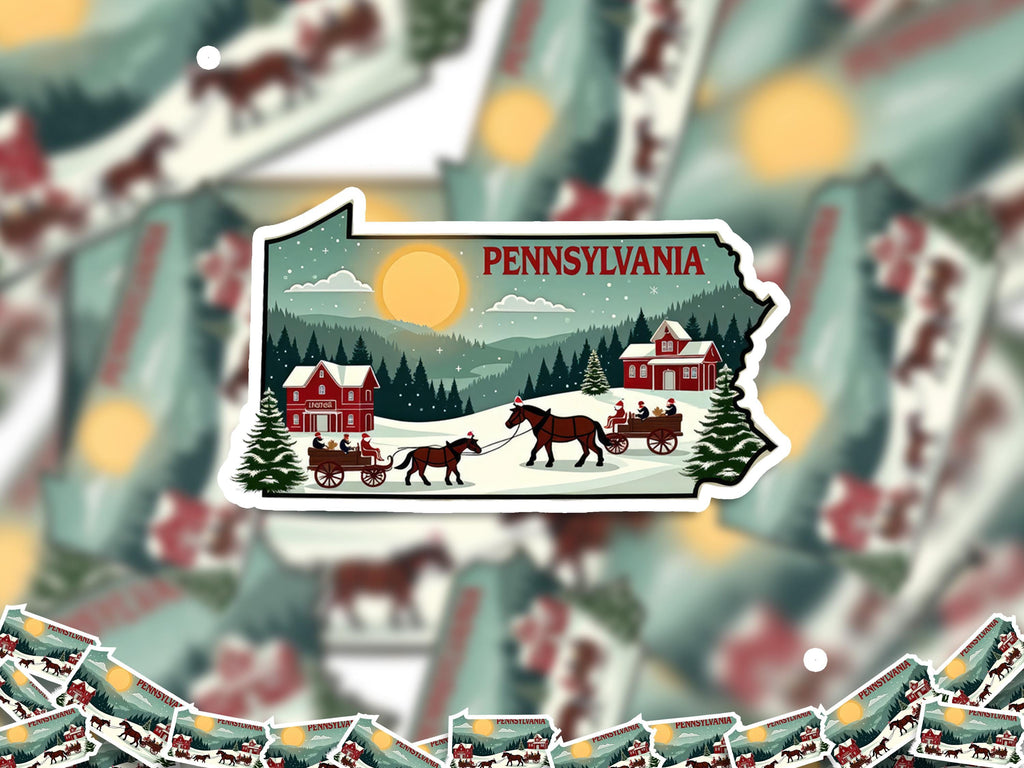 Pennsylvania Christmas Sticker, Vintage States Xmas Vinyl Decals Waterproof, Retro Laptop, Scrapbook Tumbler