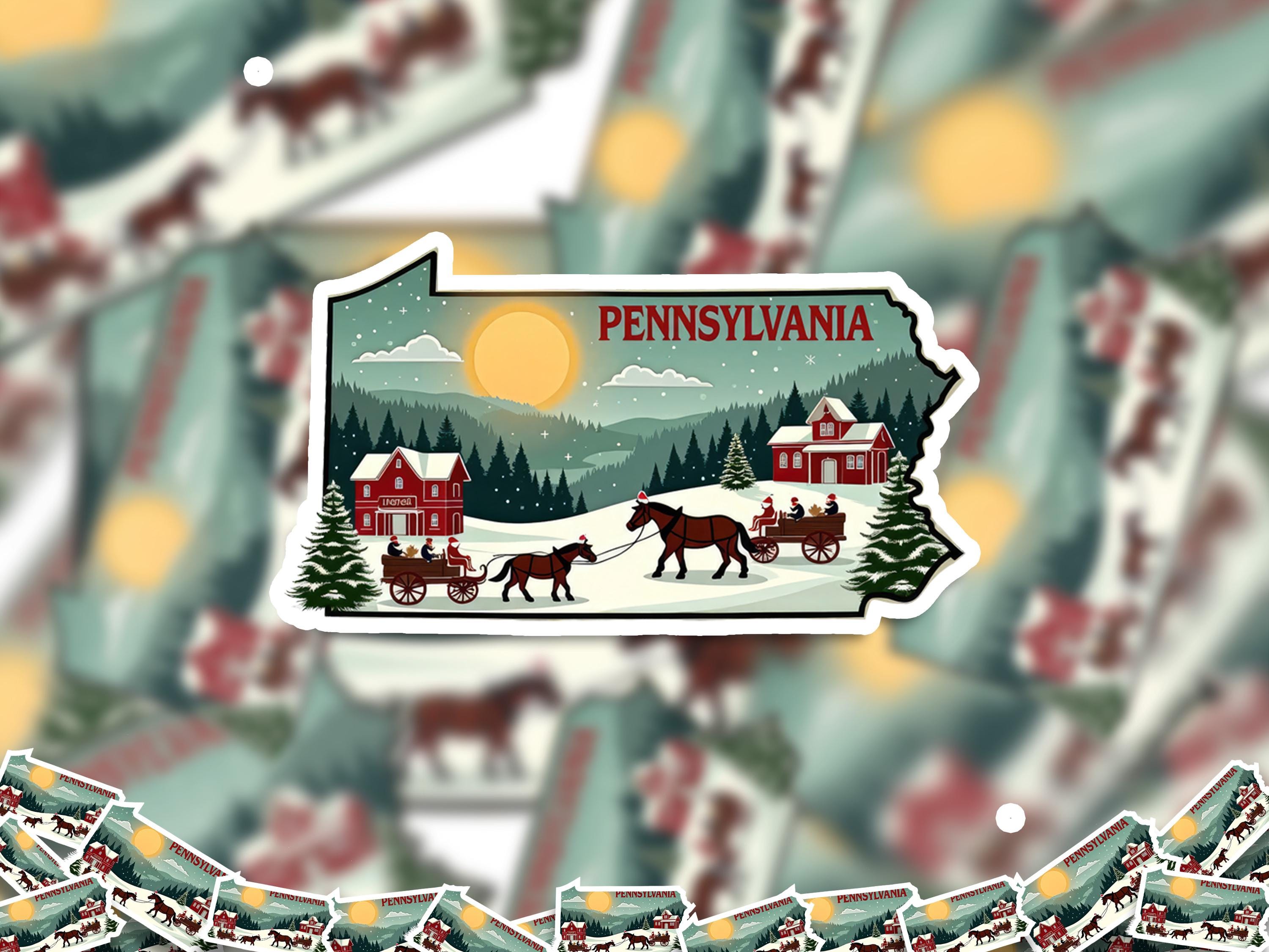 Pennsylvania Christmas Sticker, Vintage States Xmas Vinyl Decals Waterproof, Retro Laptop, Scrapbook Tumbler