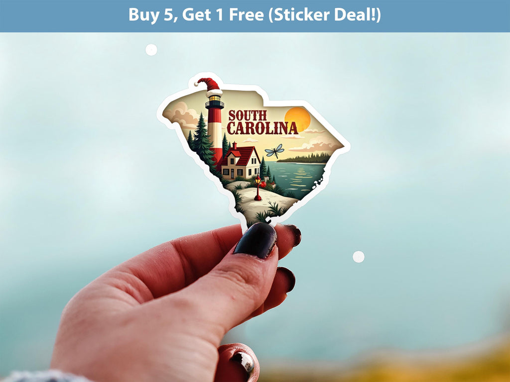 South Carolina Christmas Sticker, Vintage States Xmas Vinyl Decals Waterproof, Retro Laptop, Scrapbook Tumbler