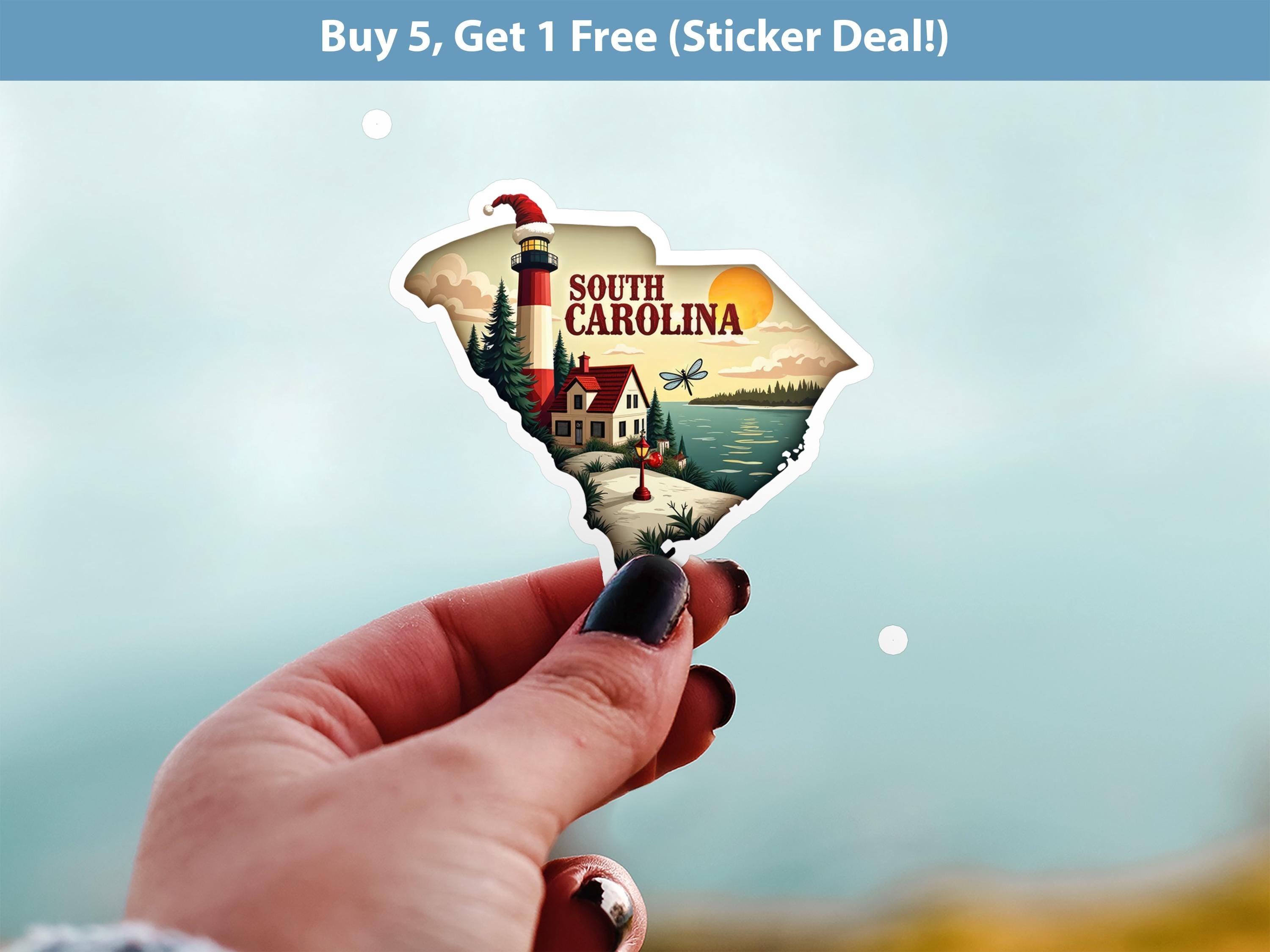 South Carolina Christmas Sticker, Vintage States Xmas Vinyl Decals Waterproof, Retro Laptop, Scrapbook Tumbler