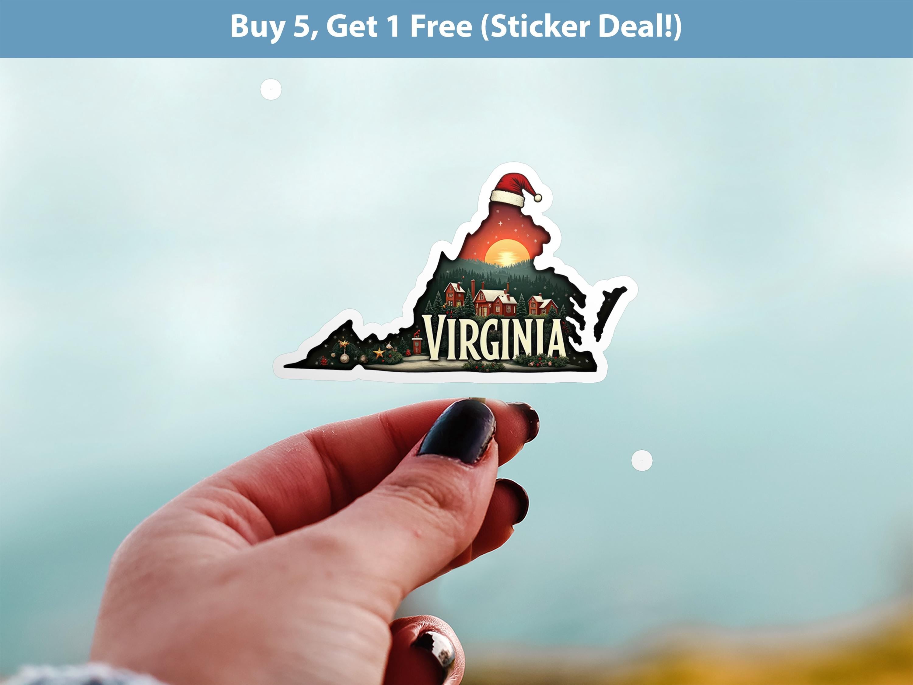 Virginia Christmas Sticker, Vintage States Xmas Vinyl Decals Waterproof, Retro Laptop, Scrapbook Tumbler