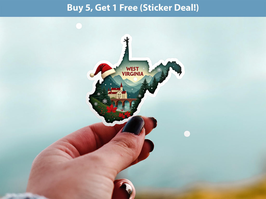 West Virginia Christmas Sticker, Vintage States Xmas Vinyl Decals Waterproof, Retro Holiday Gift, Scrapbook Tumbler