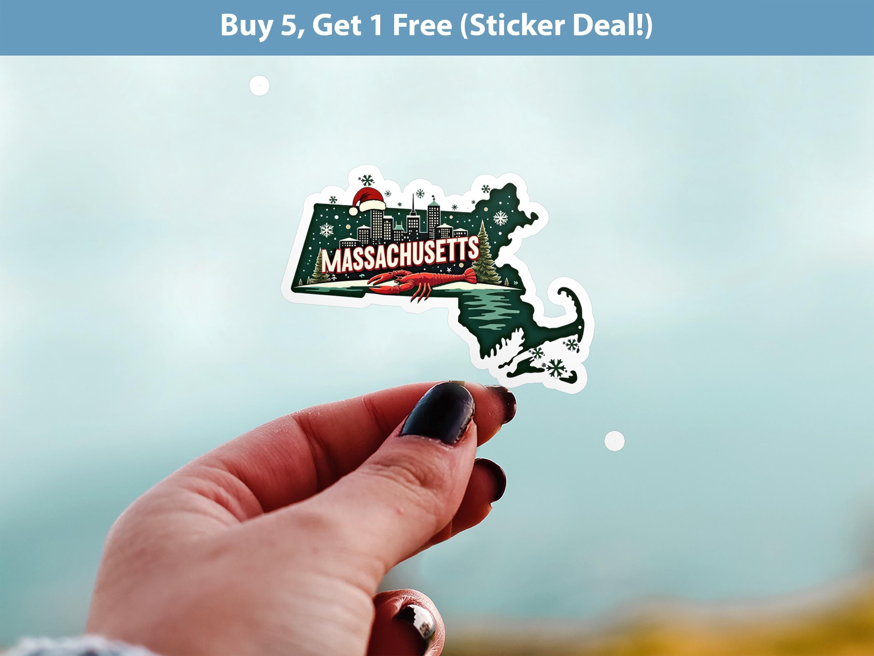 Massachusetts Christmas Sticker, Vintage States Xmas Vinyl Decals Waterproof, Retro Holiday Gift, Scrapbook Tumbler