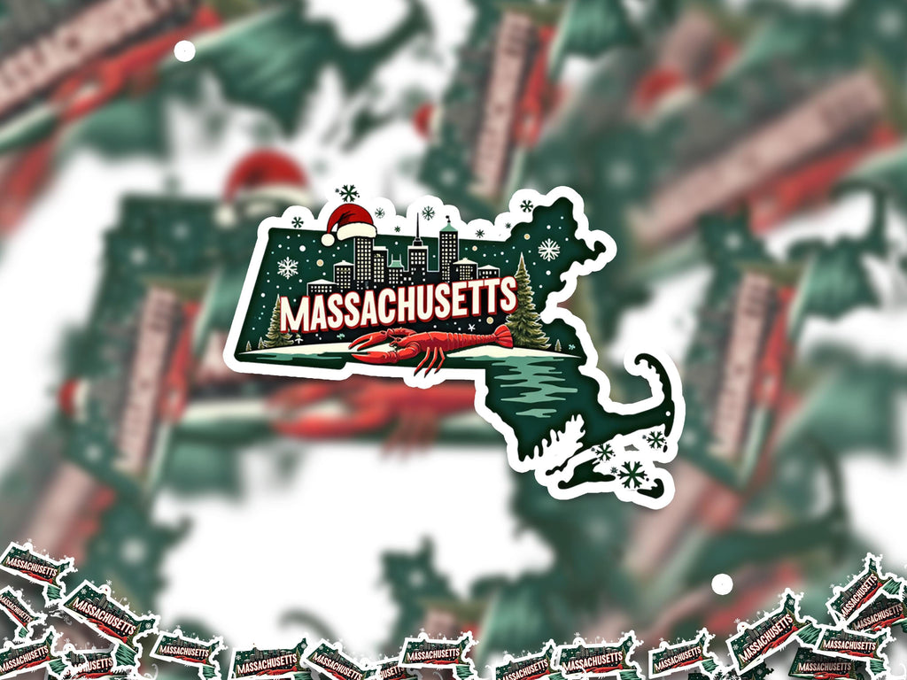 Massachusetts Christmas Sticker, Vintage States Xmas Vinyl Decals Waterproof, Retro Holiday Gift, Scrapbook Tumbler