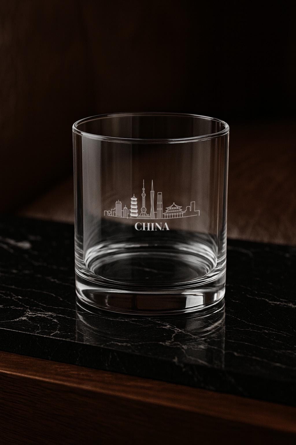 Engraved CHINA Whiskey Glass, Personalized Dad Rocks Glass, Custom Etched Skyline Gift Souvenir
