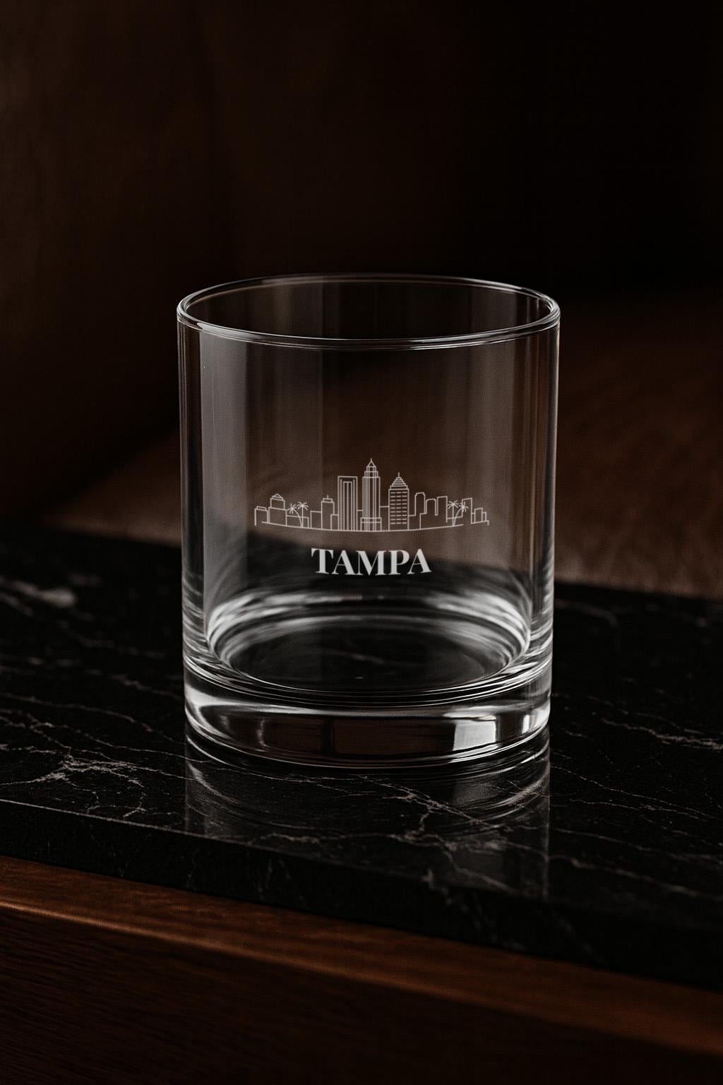 Engraved TAMPA Whiskey Glass, Personalized Dad Rocks Glass, Custom Etched Skyline Gift Souvenir