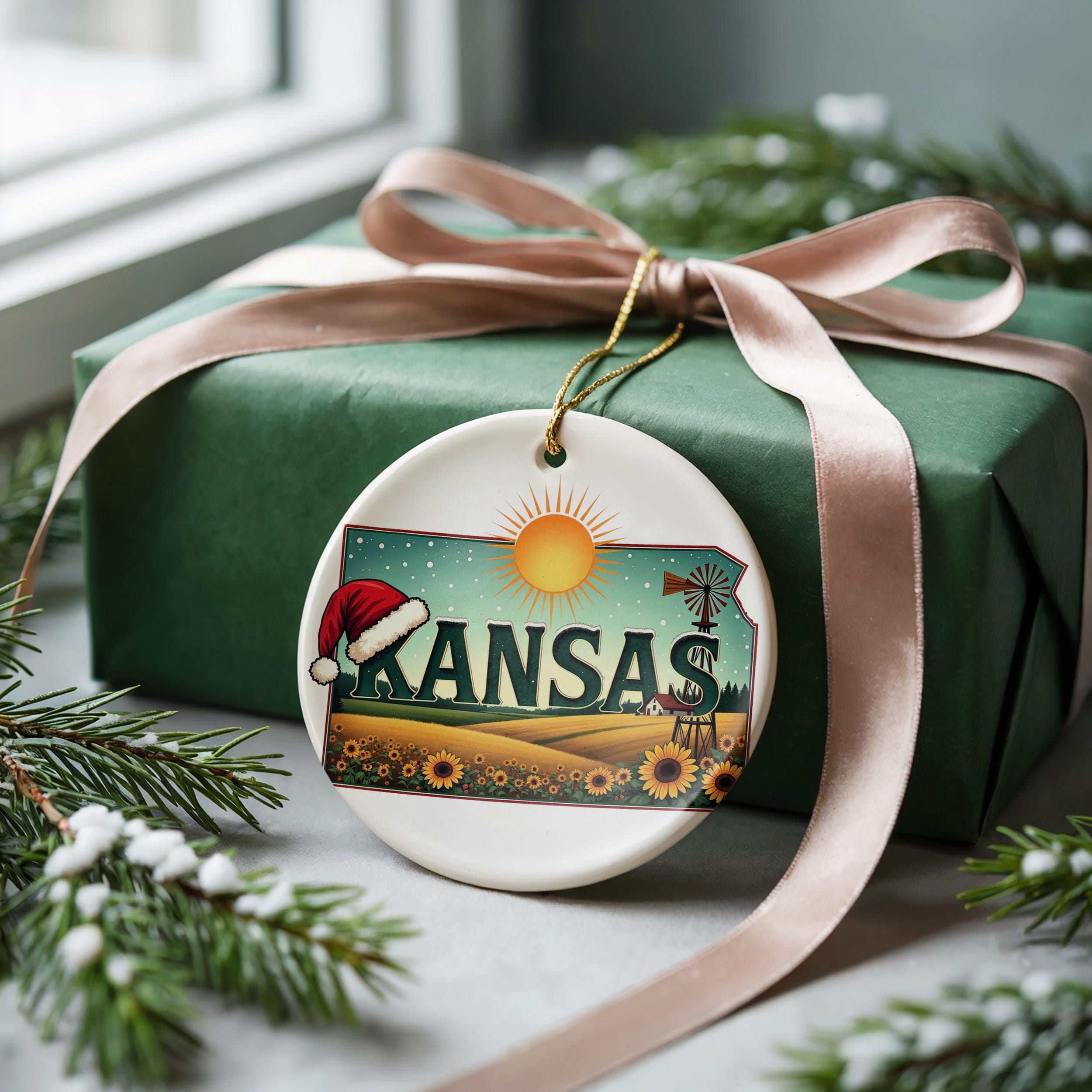 Kansas Ornament, Vintage Personalized Christmas Decor, Custom Holiday Gift Souvenir Travel Keepsake