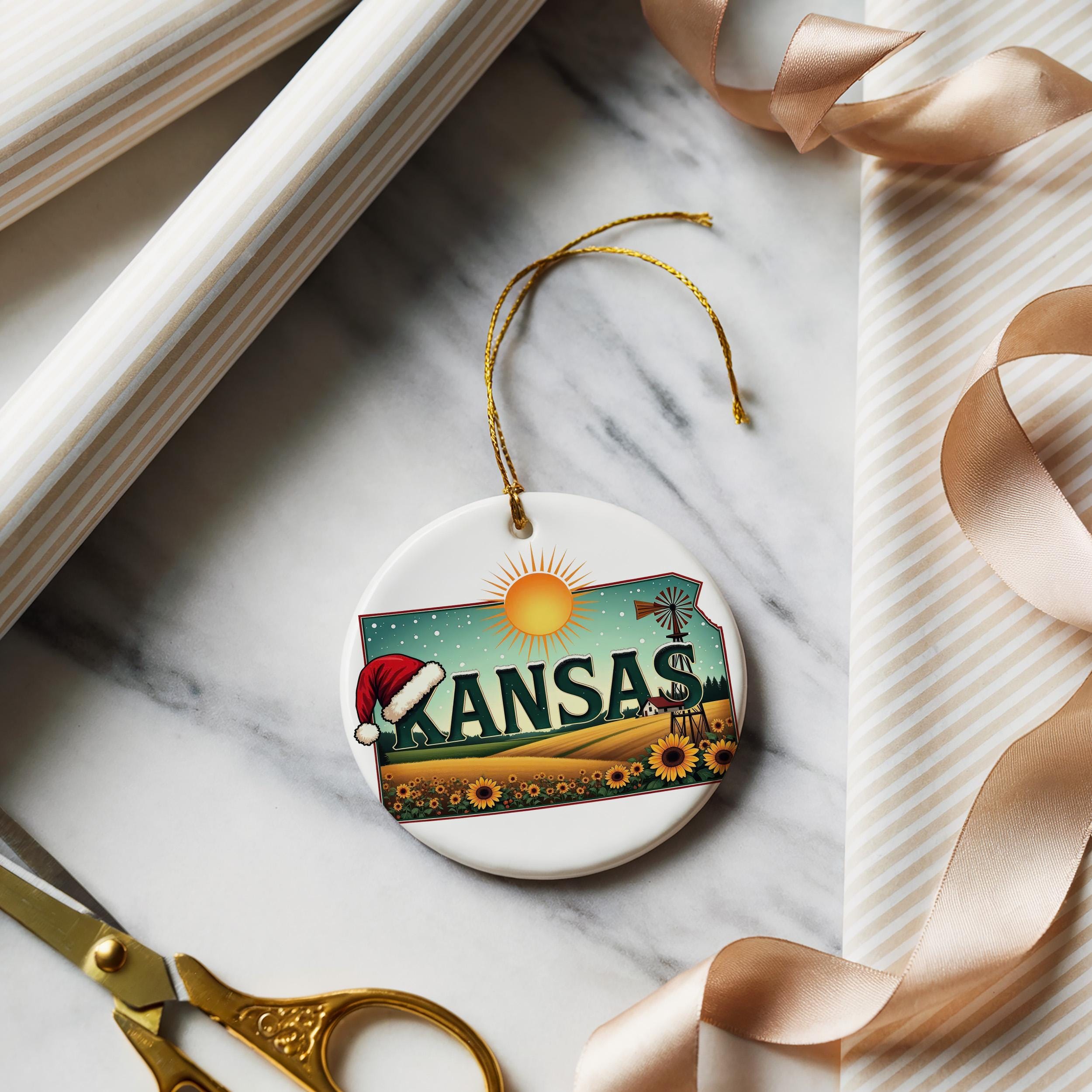 Kansas Ornament, Vintage Personalized Christmas Decor, Custom Holiday Gift Souvenir Travel Keepsake