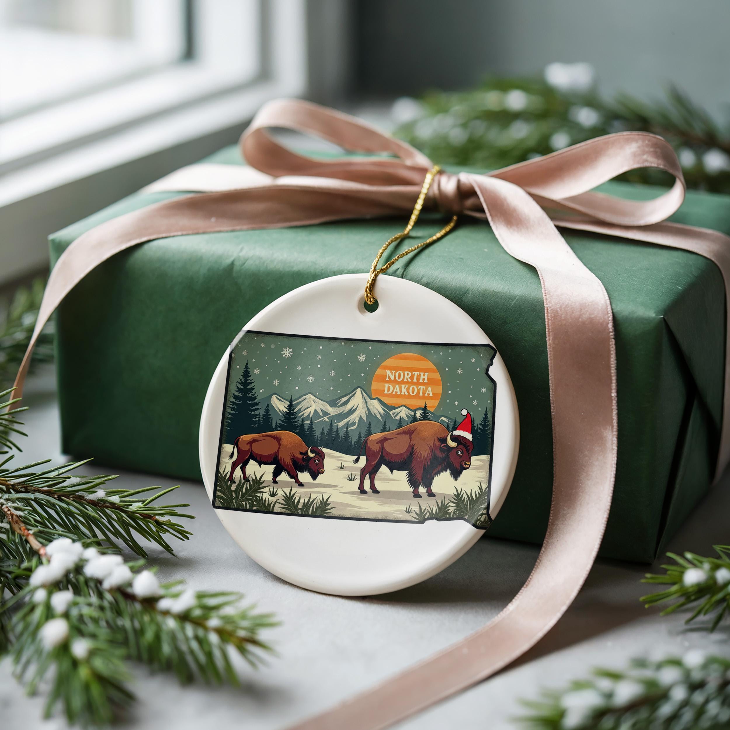 North Dakota Ornament, Vintage Personalized Christmas Decor, Custom Holiday Gift Souvenir Travel Keepsake