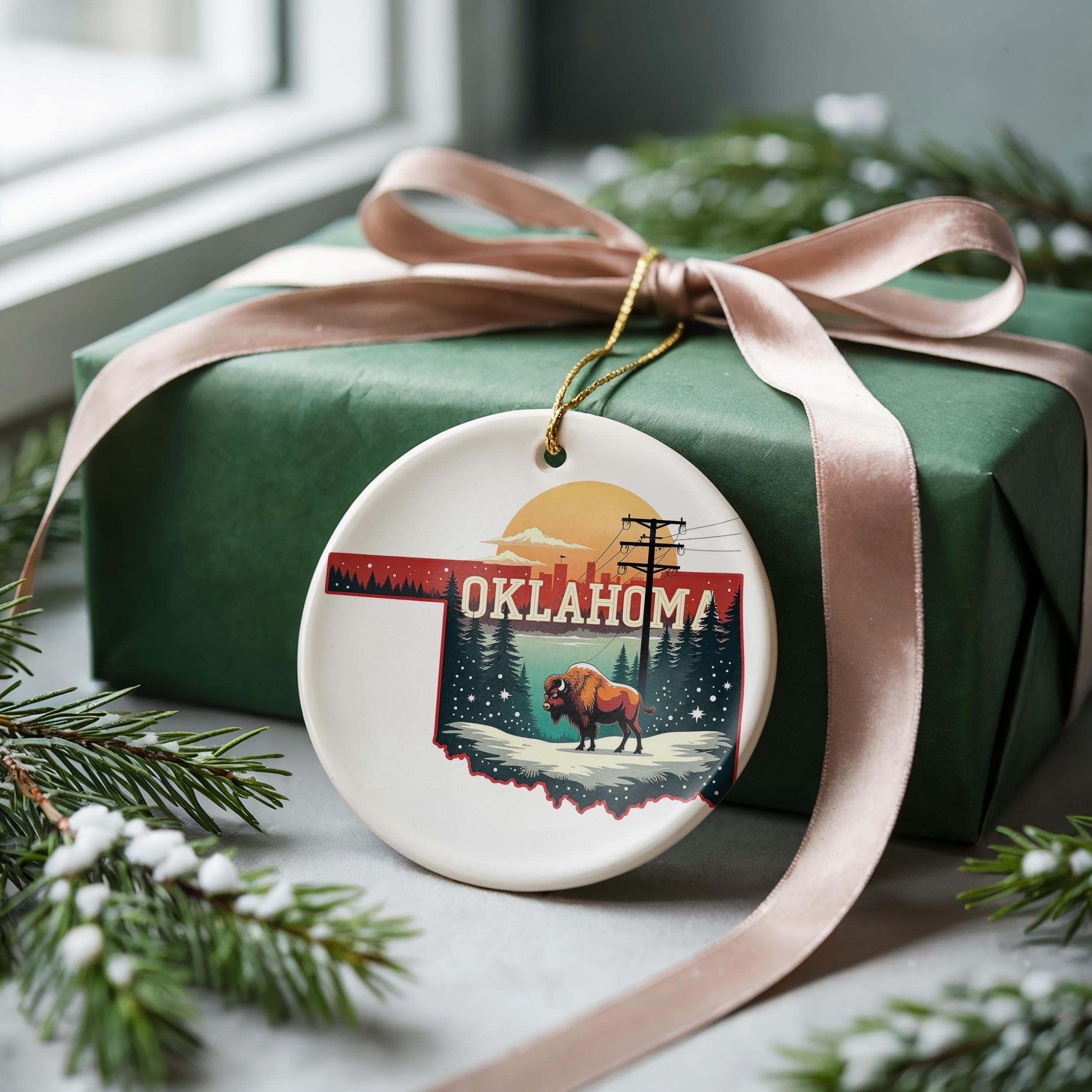 Oklahoma Ornament, Vintage Personalized Christmas Decor, Custom Holiday Gift Souvenir Travel Keepsake