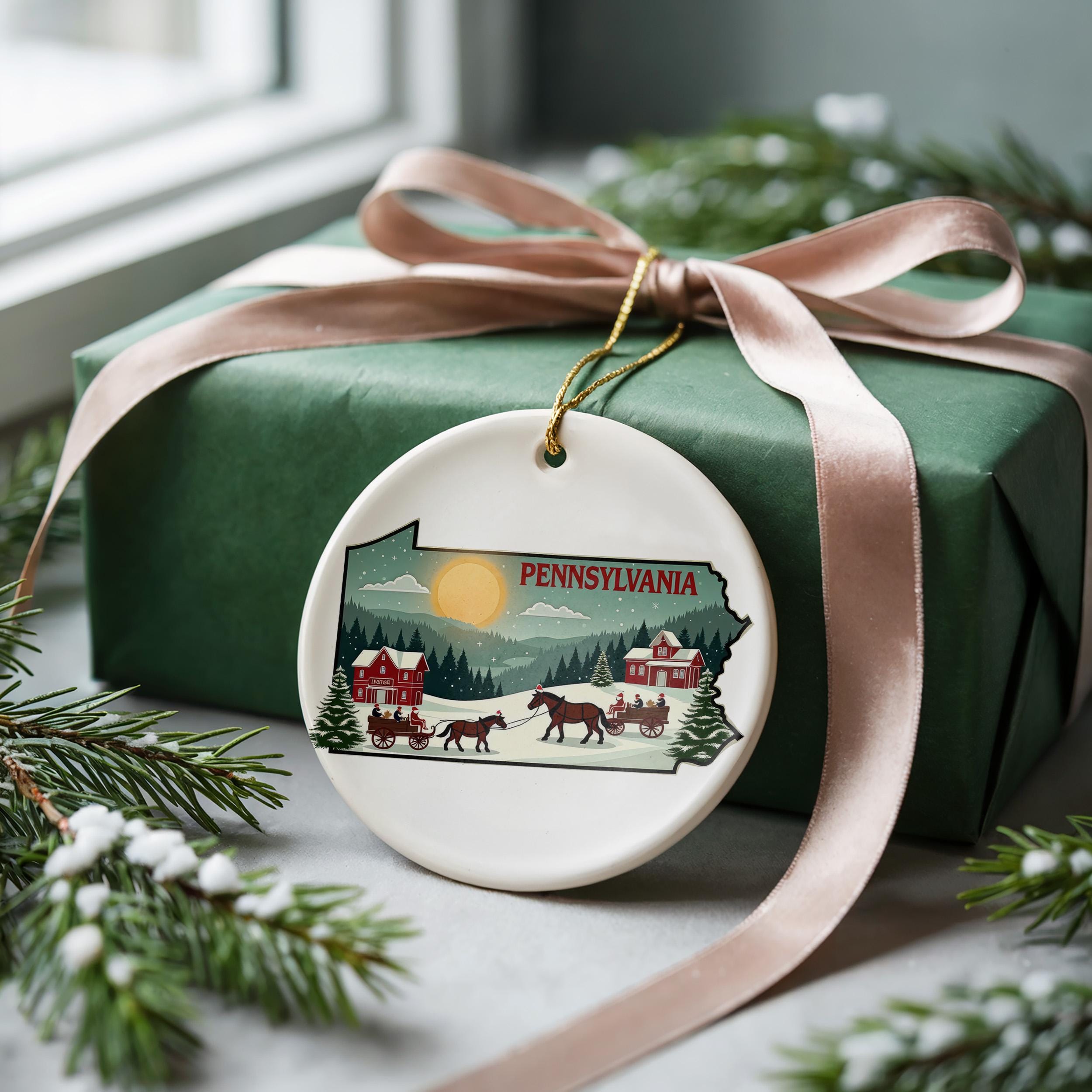 Pennsylvania Ornament, Vintage Personalized Christmas Decor, Custom Holiday Gift Souvenir Travel Keepsake