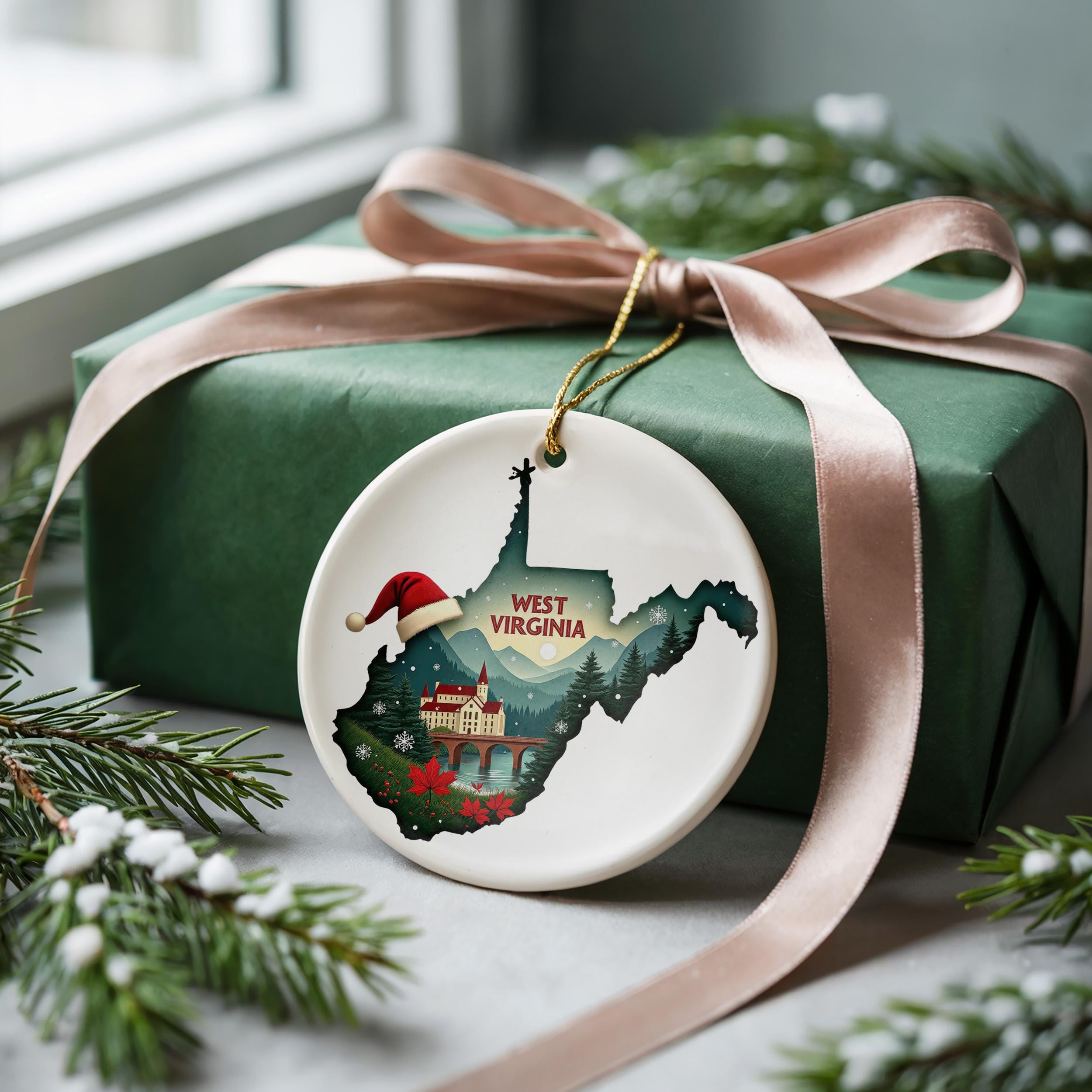 West Virginia Ornament, Vintage Personalized Christmas Decor, Custom Holiday Gift Souvenir Travel Keepsake
