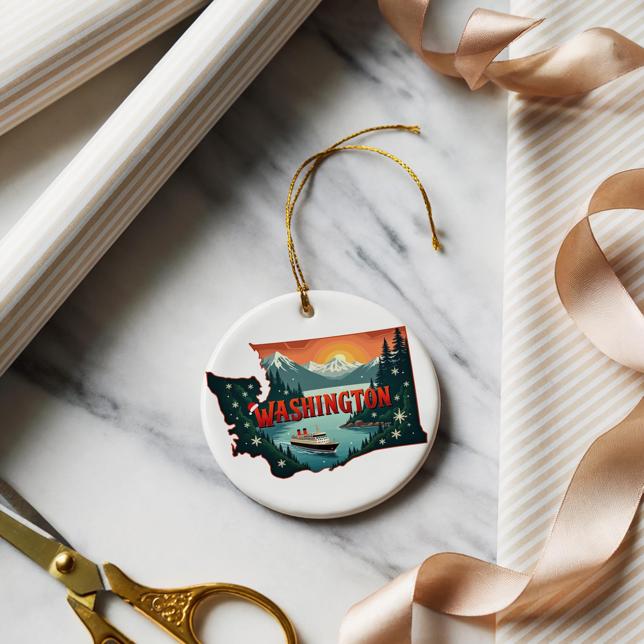 Washington Ornament, Vintage Personalized Christmas Decor, Custom Holiday Gift Souvenir Travel Keepsake