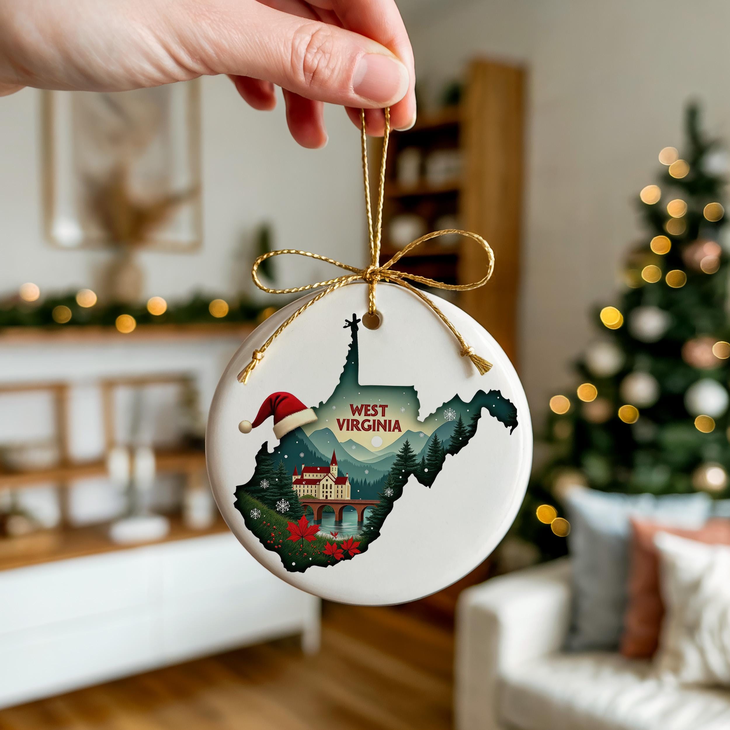 West Virginia Ornament, Vintage Personalized Christmas Decor, Custom Holiday Gift Souvenir Travel Keepsake