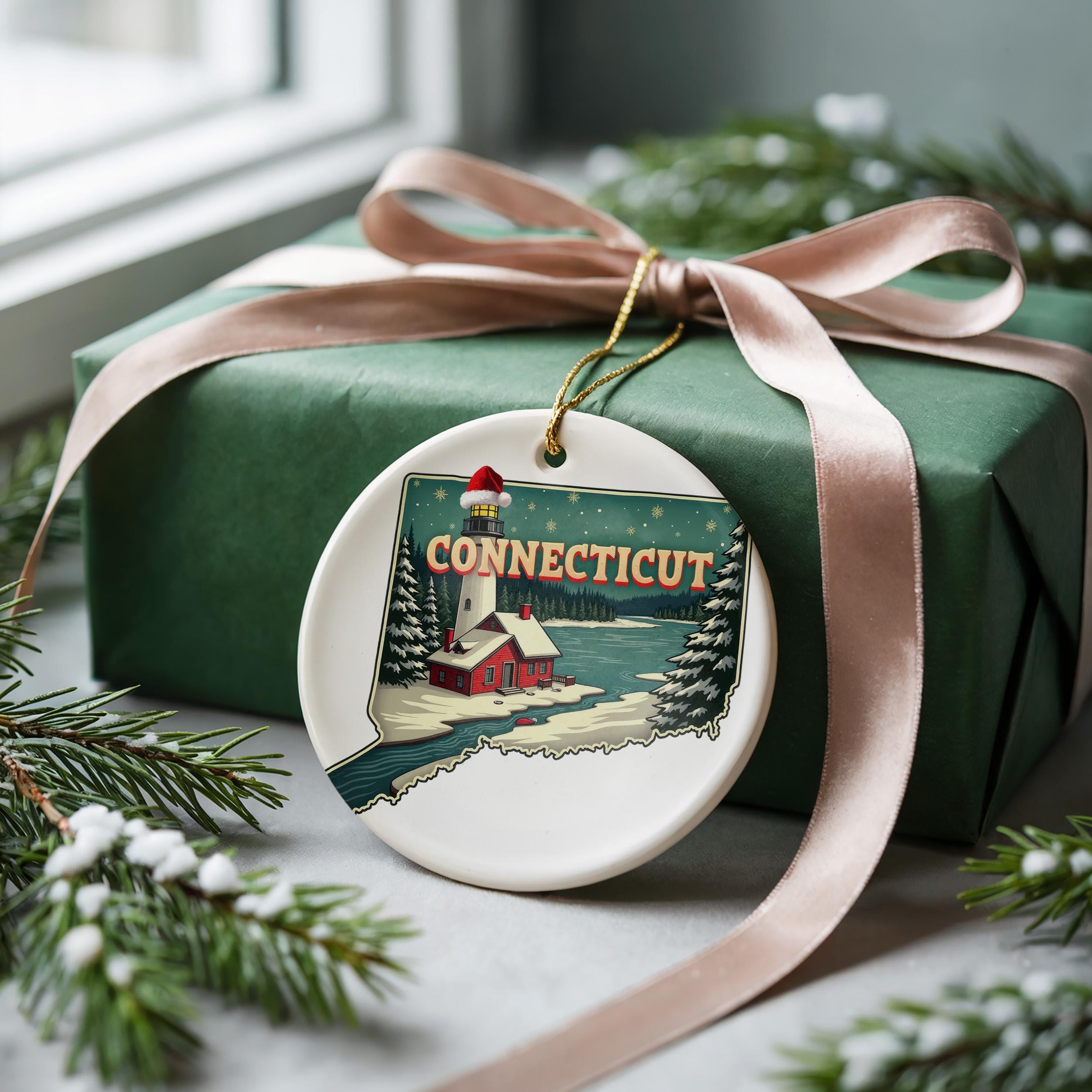 Connecticut Ornament, Vintage Personalized Christmas Decor, Custom Holiday Gift Souvenir Travel Keepsake