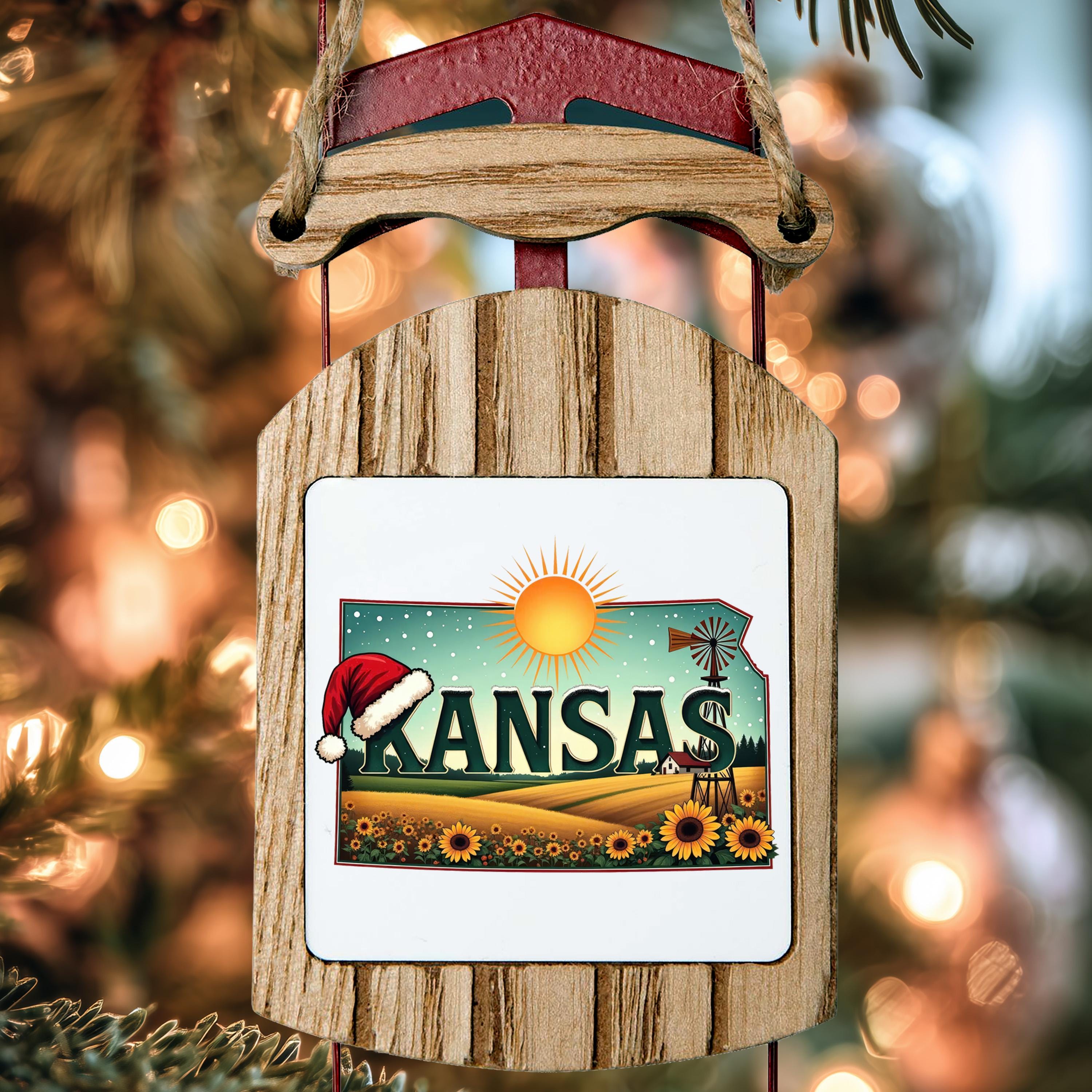 Kansas Ornament, Vintage Personalized Christmas Decor, Custom Holiday Gift Souvenir Travel Keepsake