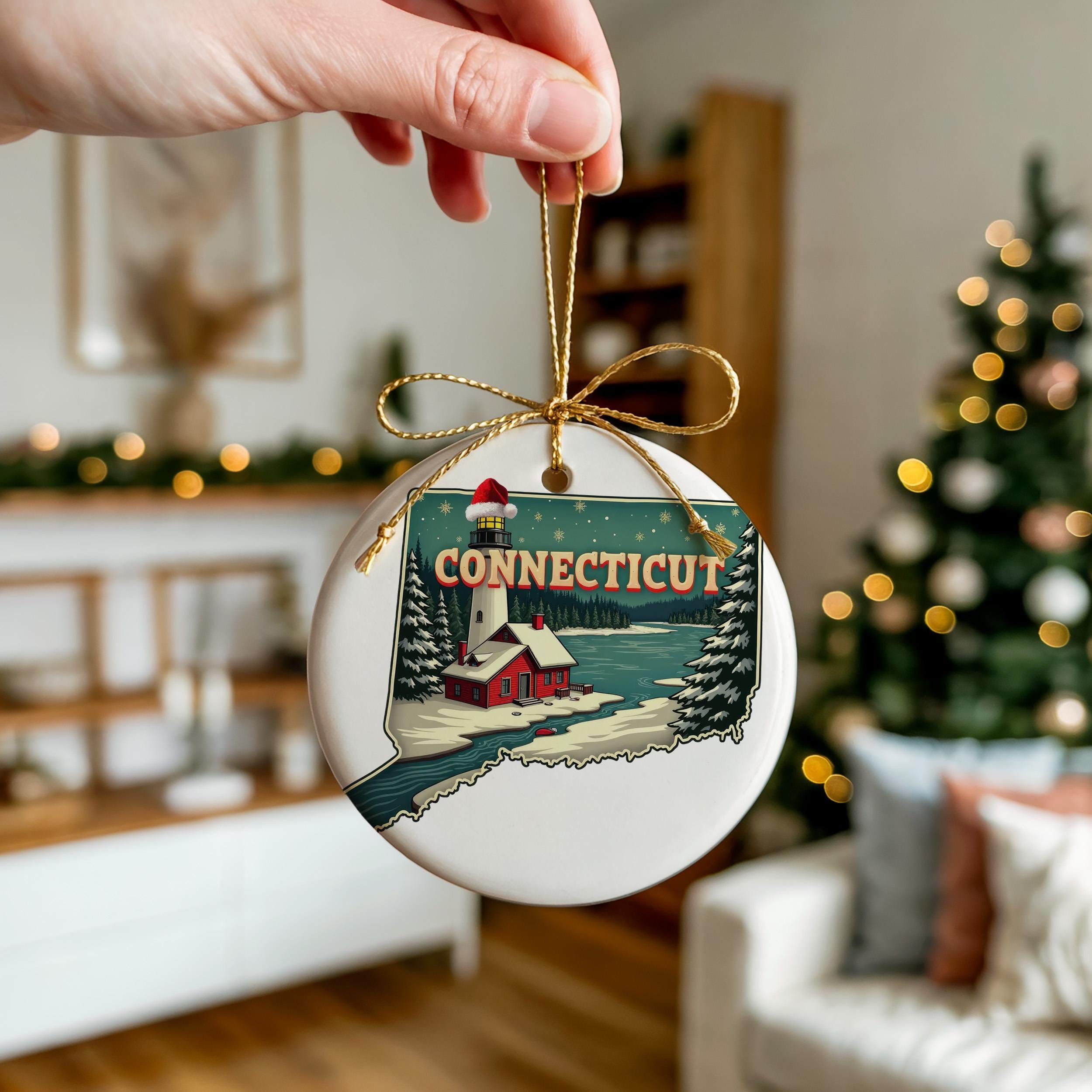 Connecticut Ornament, Vintage Personalized Christmas Decor, Custom Holiday Gift Souvenir Travel Keepsake