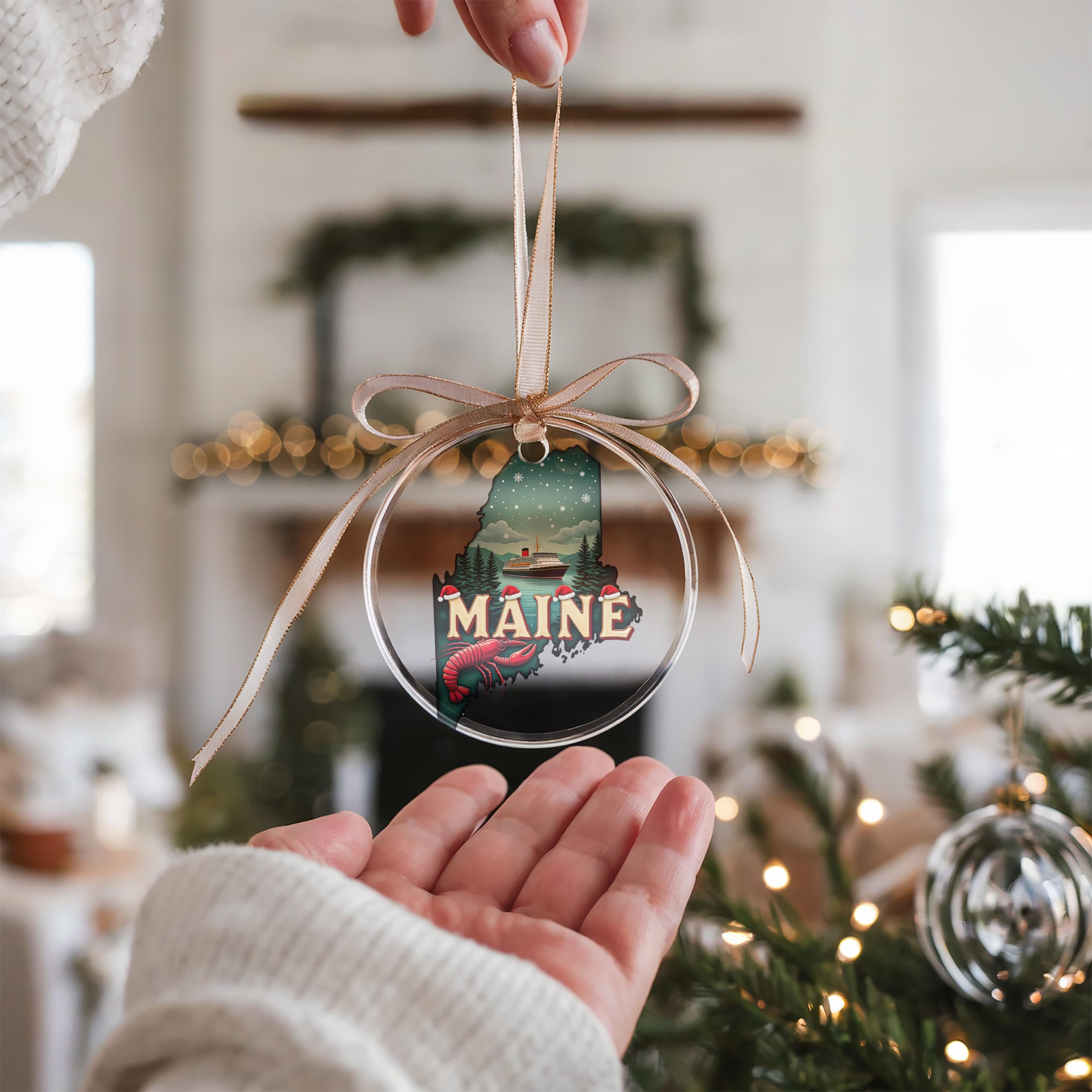 Maine Ornament, Vintage Personalized Christmas Decor, Custom Holiday Gift Souvenir Travel Keepsake