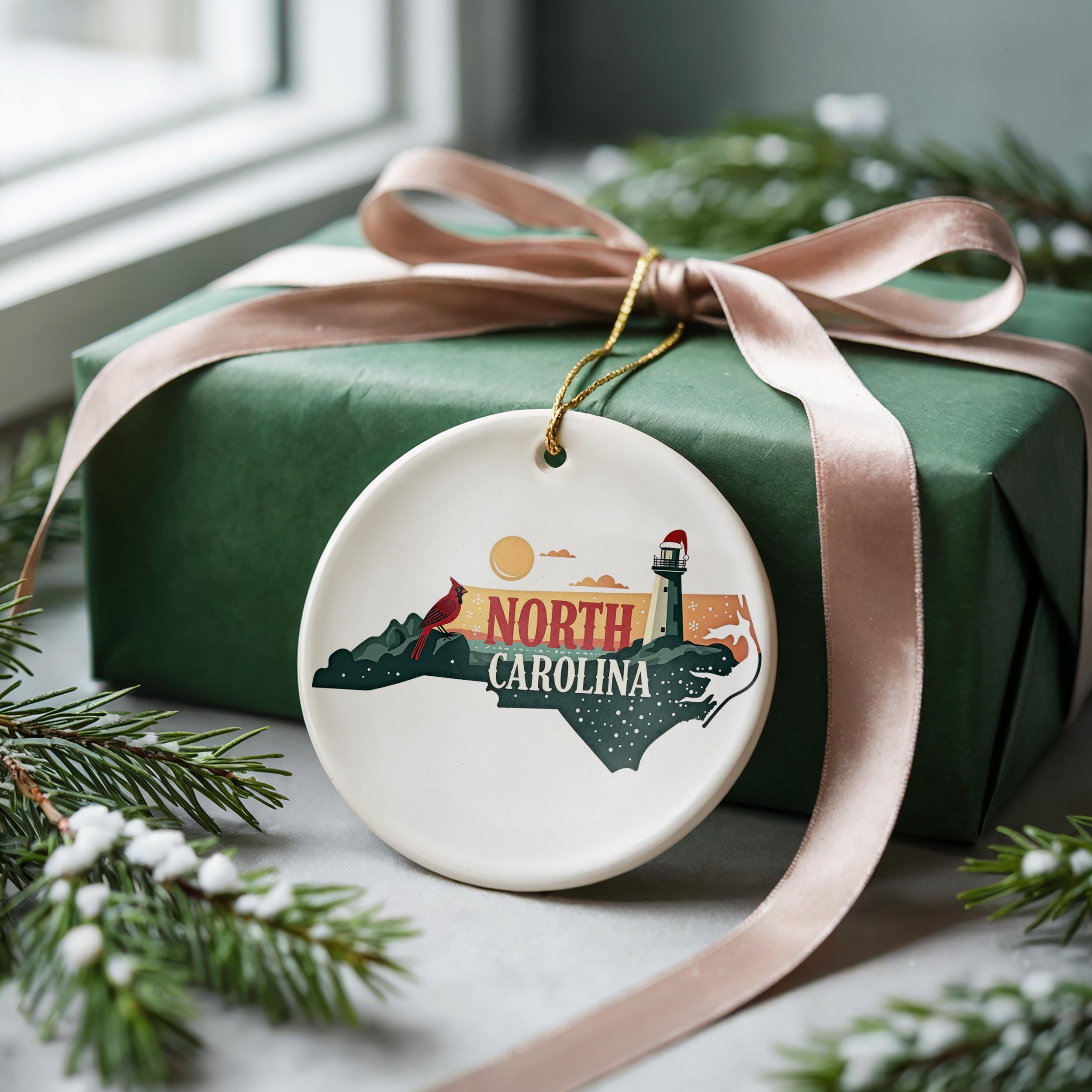 North Carolina Ornament, Vintage Personalized Christmas Decor, Custom Holiday Gift Souvenir Travel Keepsake