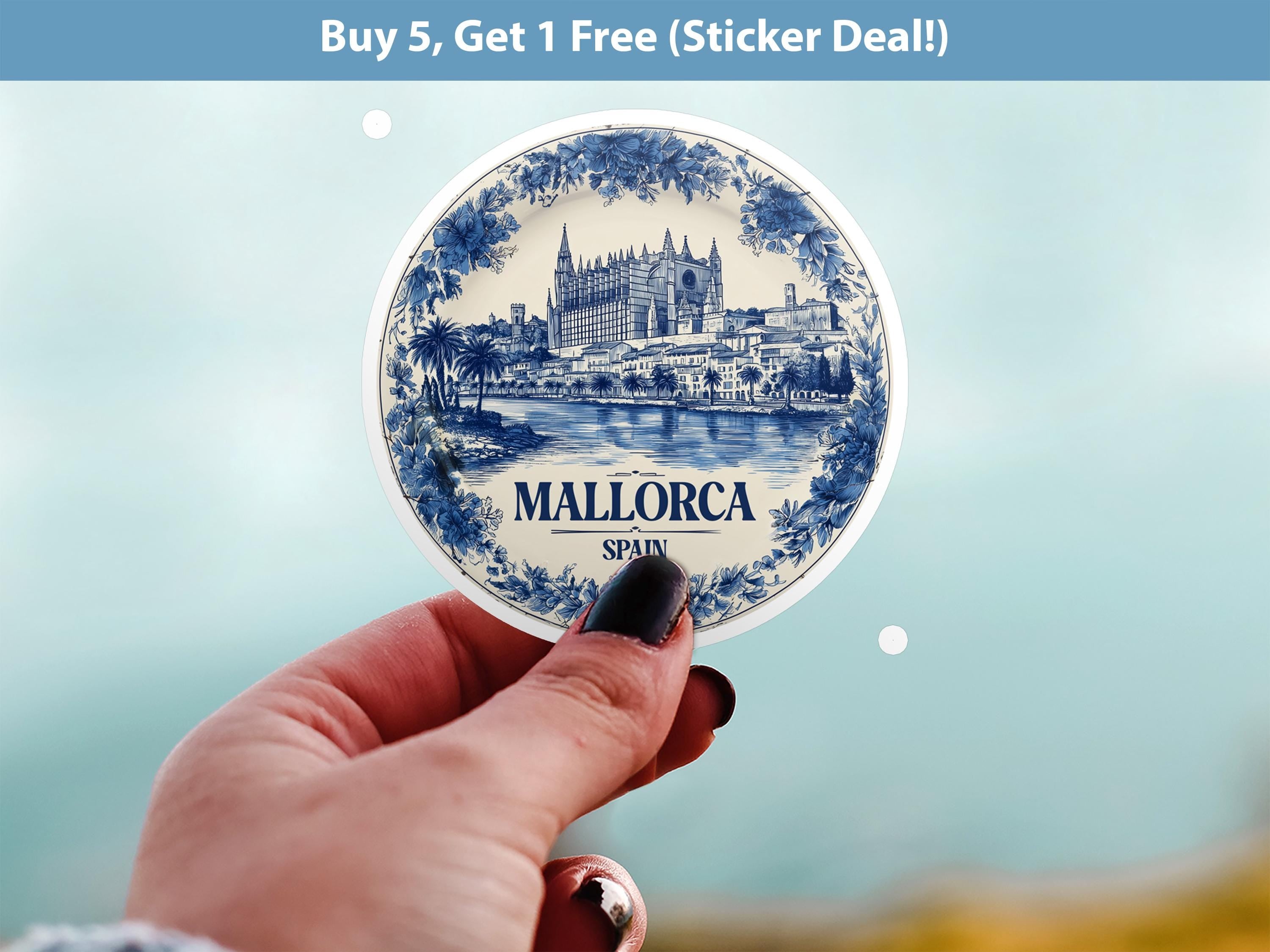 Mallorca Spain Sticker Vintage Delft style, Delftware Decal Waterproof Vinyl, Blue City Travel