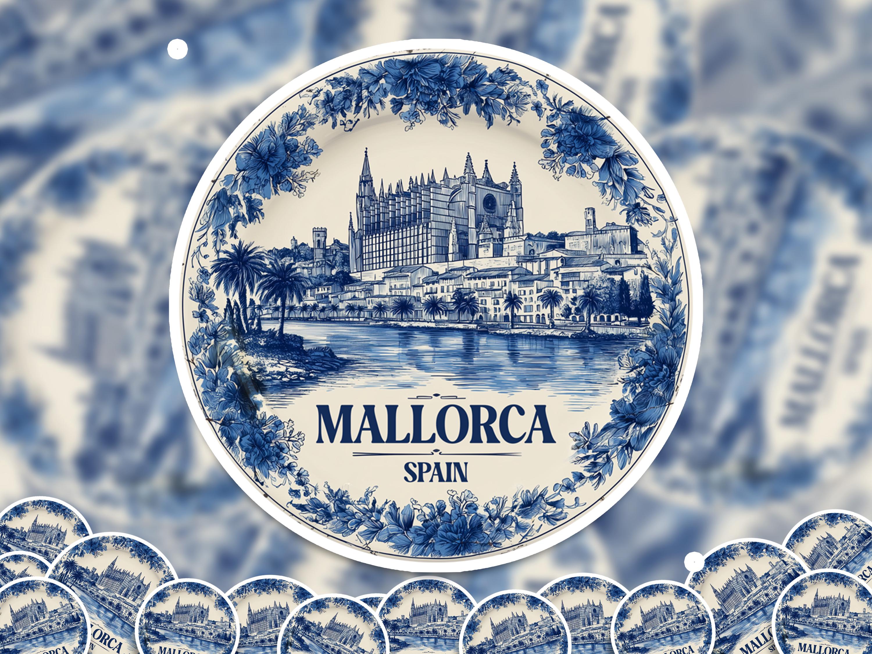 Mallorca Spain Sticker Vintage Delft style, Delftware Decal Waterproof Vinyl, Blue City Travel