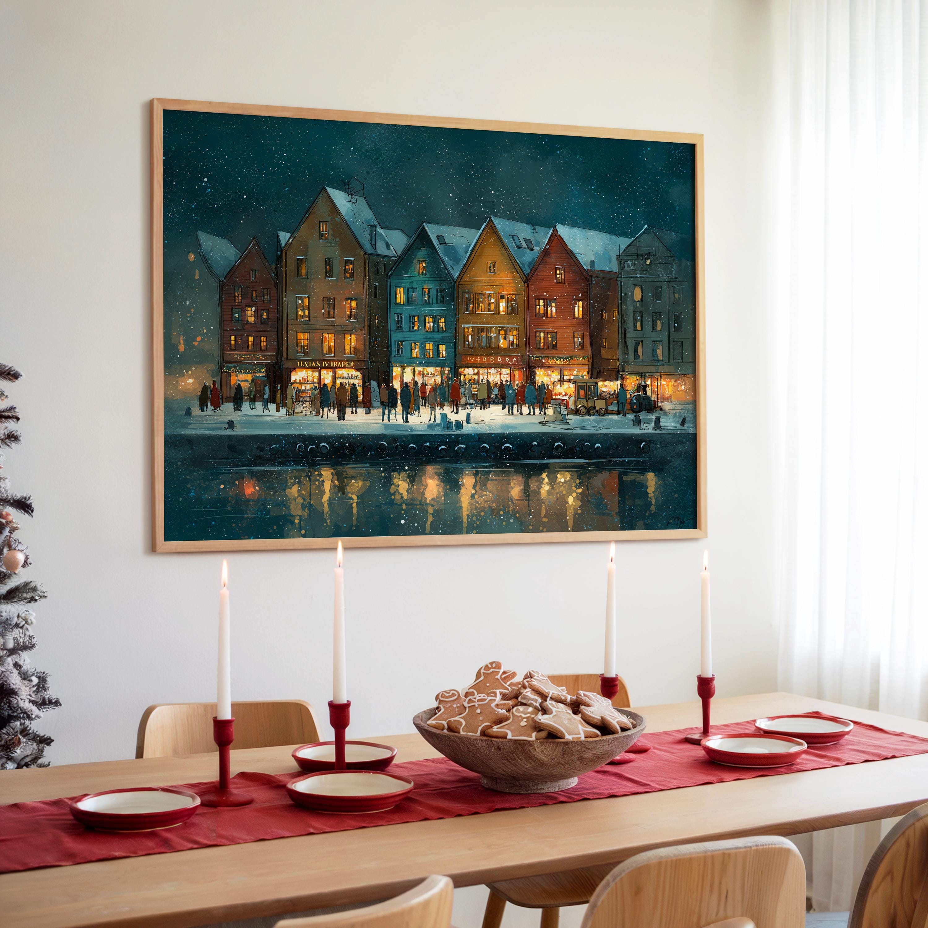 Bergen Norway Christmas Wall Art, Custom Large Travel Poster Print, World Location Painting