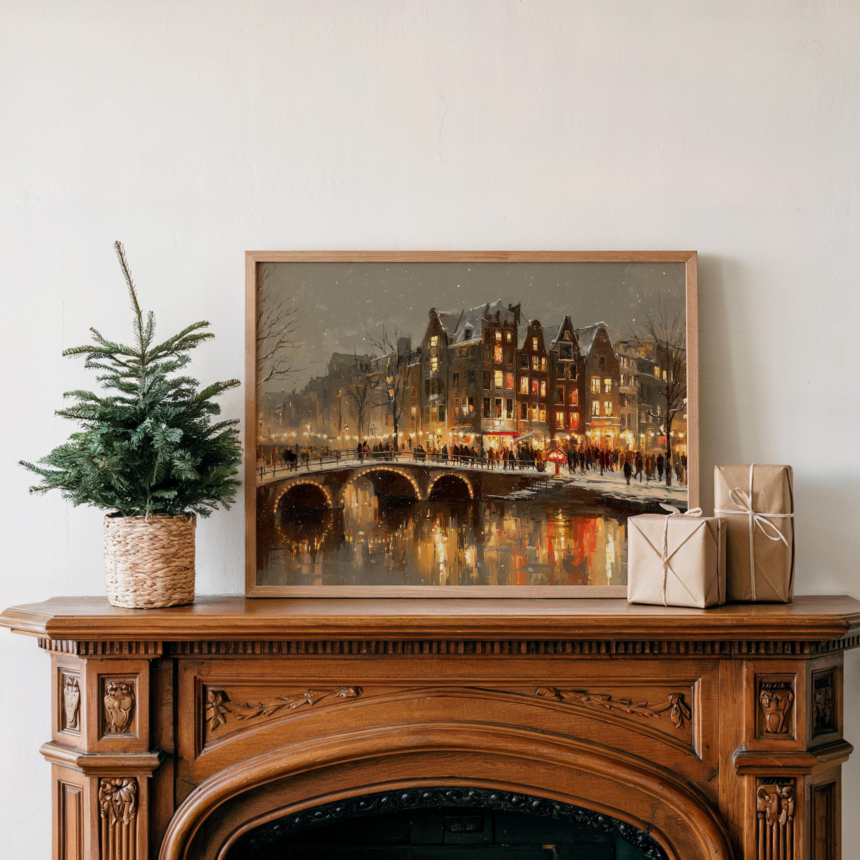 Amsterdam Netherlands Christmas Wall Art, Custom Large Travel Poster Print, World Location Painting