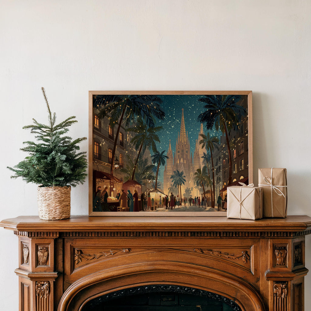 Barcelona Spain Christmas Wall Art, Custom Large Travel Poster Print, World Location Painting