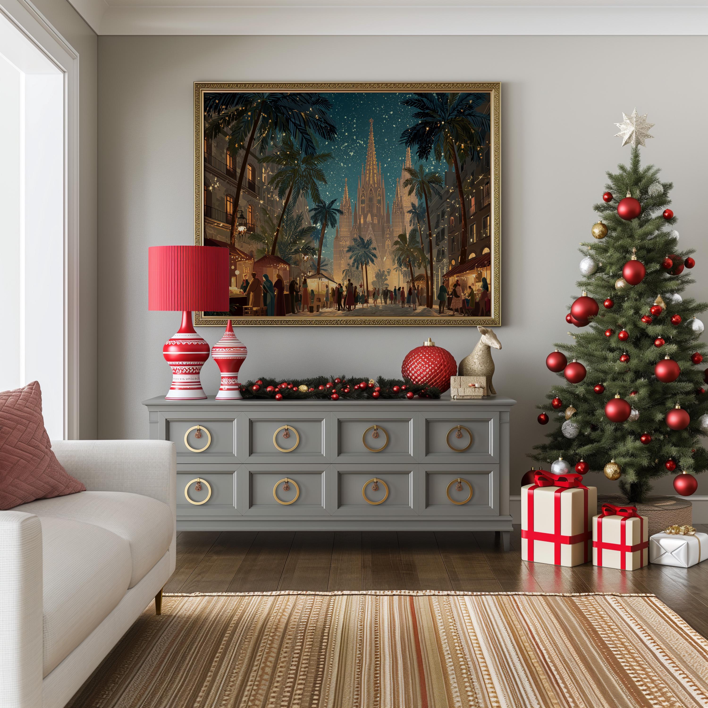 Barcelona Spain Christmas Wall Art, Custom Large Travel Poster Print, World Location Painting
