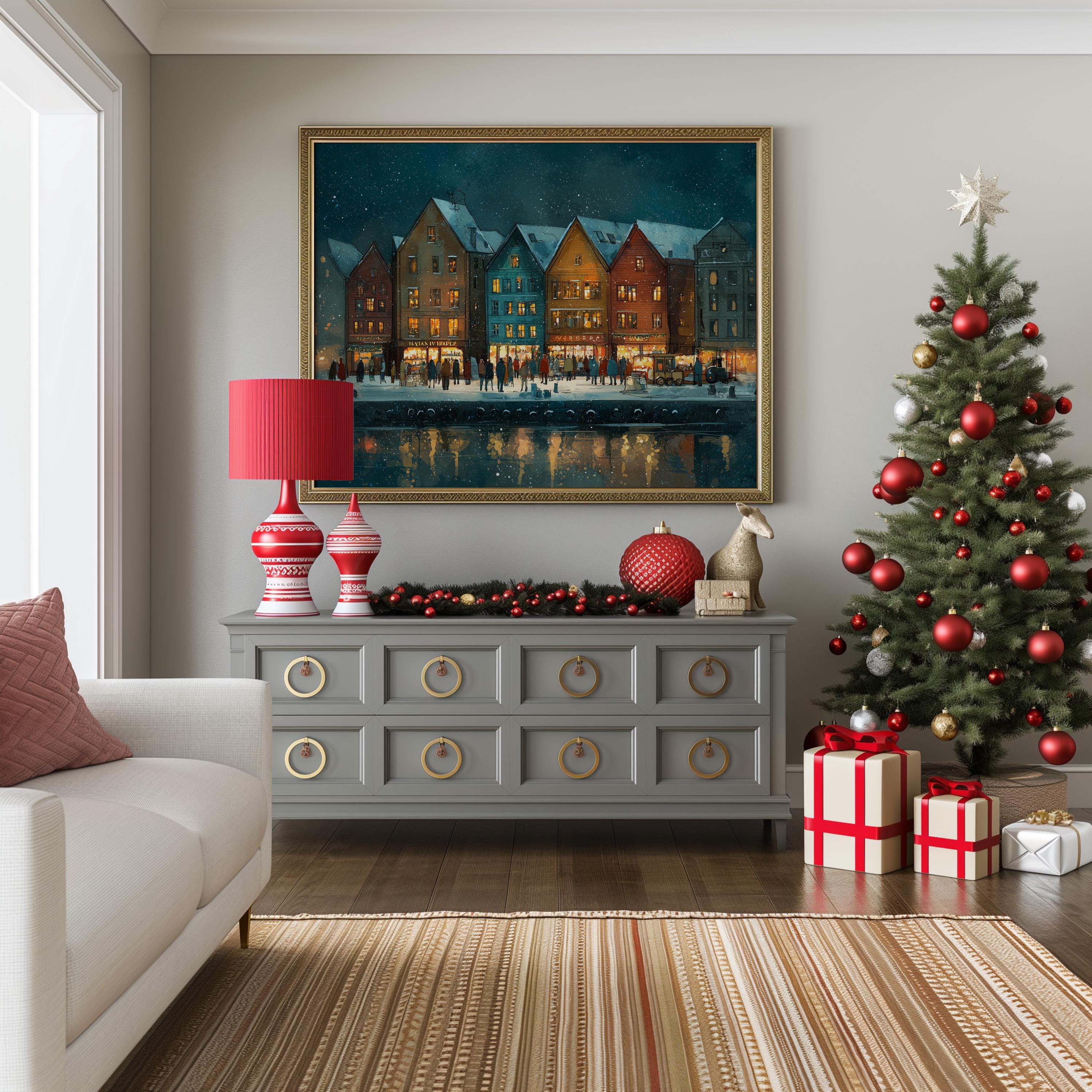 Bergen Norway Christmas Wall Art, Custom Large Travel Poster Print, World Location Painting
