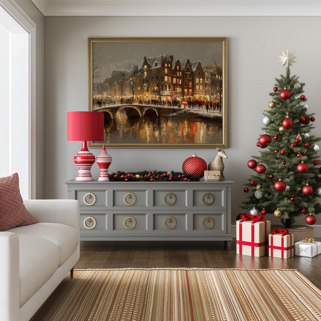 Amsterdam Netherlands Christmas Wall Art, Custom Large Travel Poster Print, World Location Painting