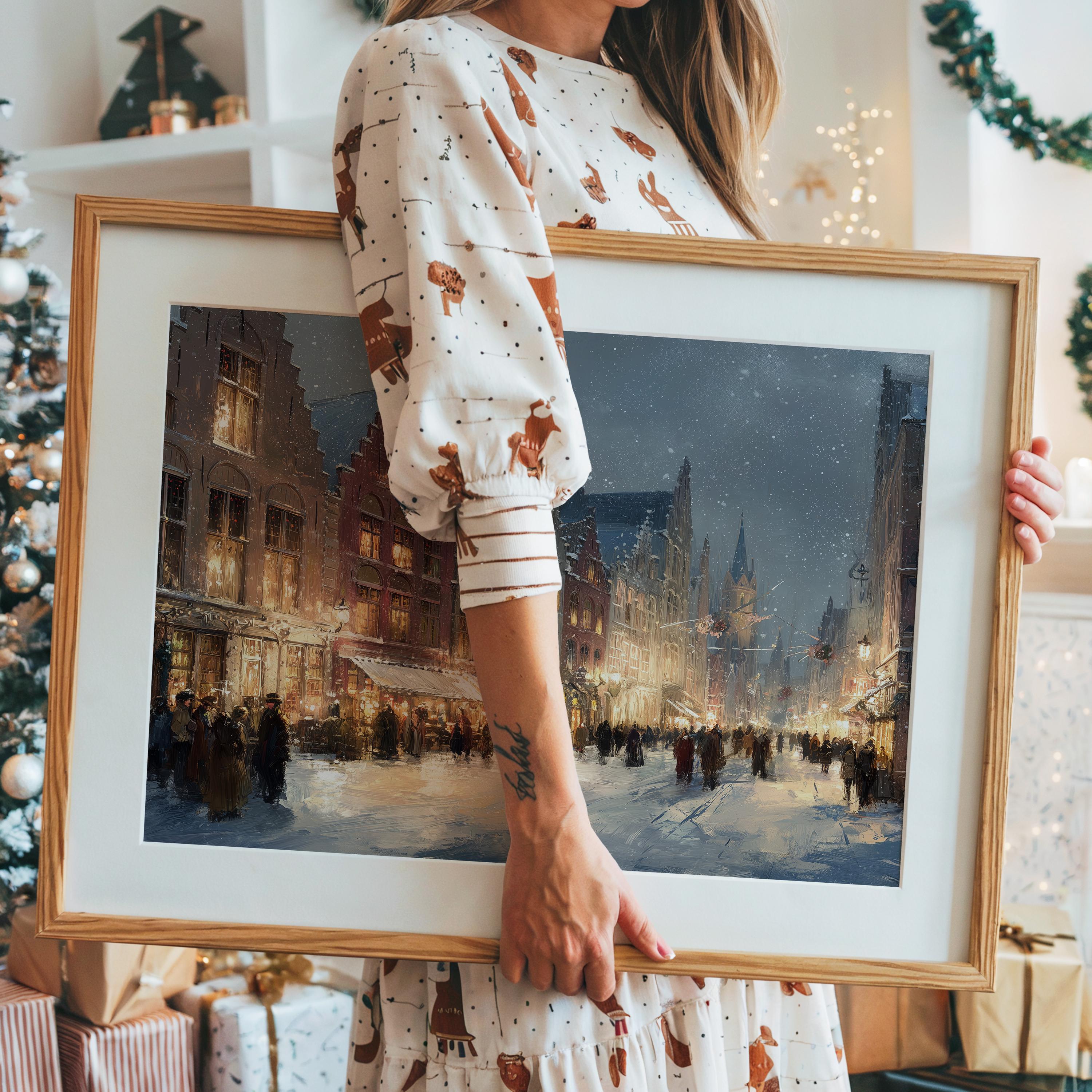 Bruges Belgium Christmas Wall Art, Custom Large Travel Poster Print, World Location Painting