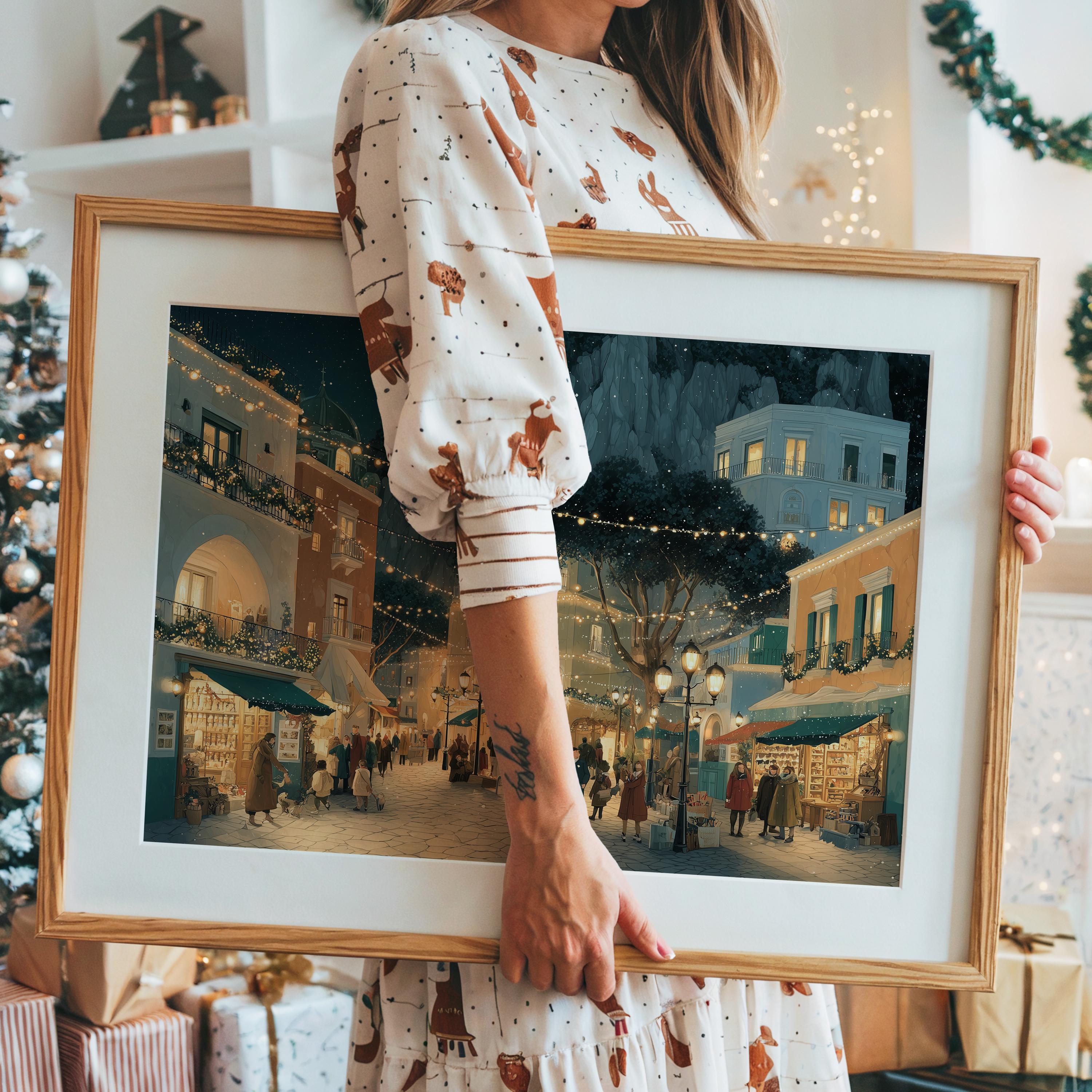 Capri Italy Christmas Wall Art, Custom Large Travel Poster Print, World Location Painting