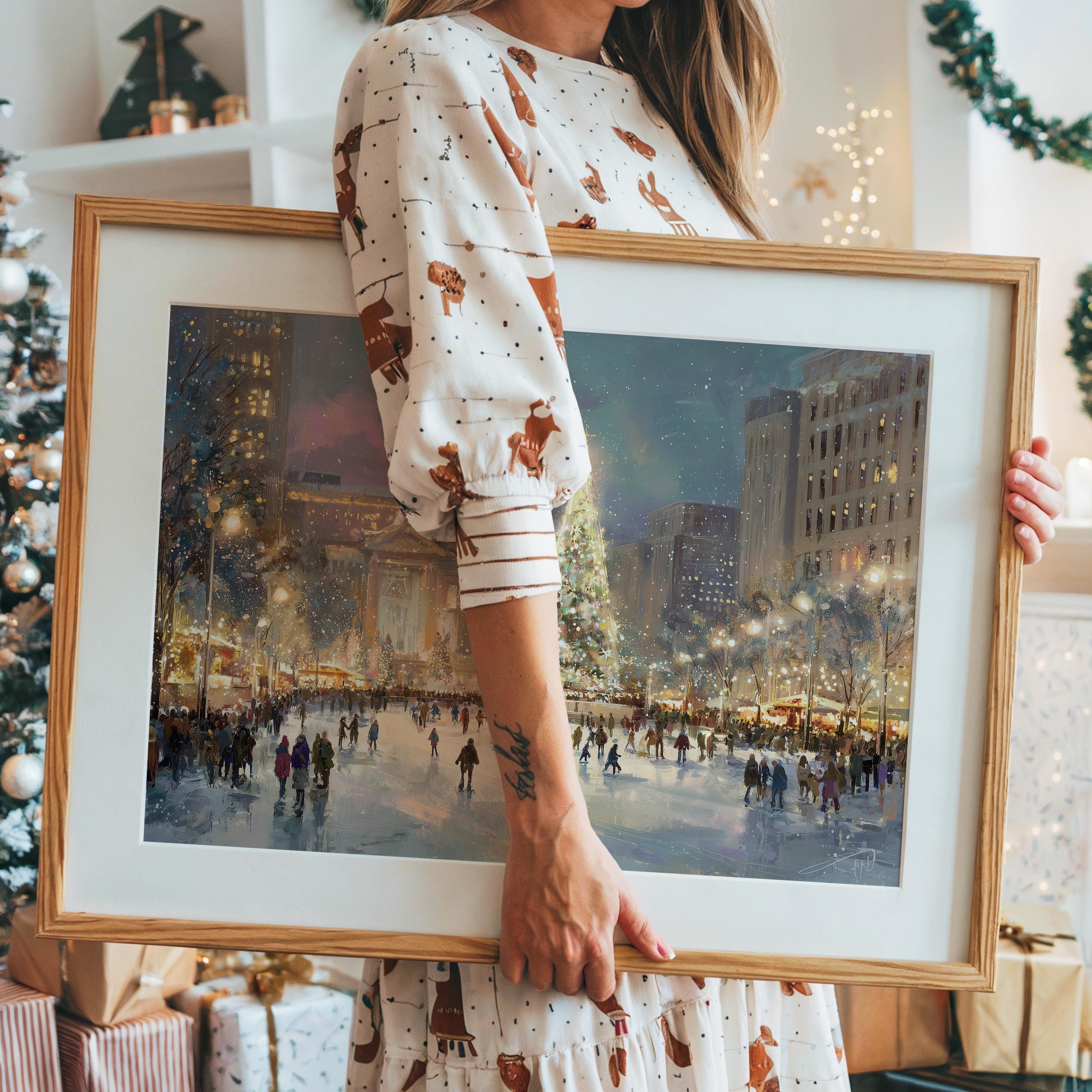 Detroit Michigan Christmas Wall Art, Custom Large Travel Poster Print, World Location Painting