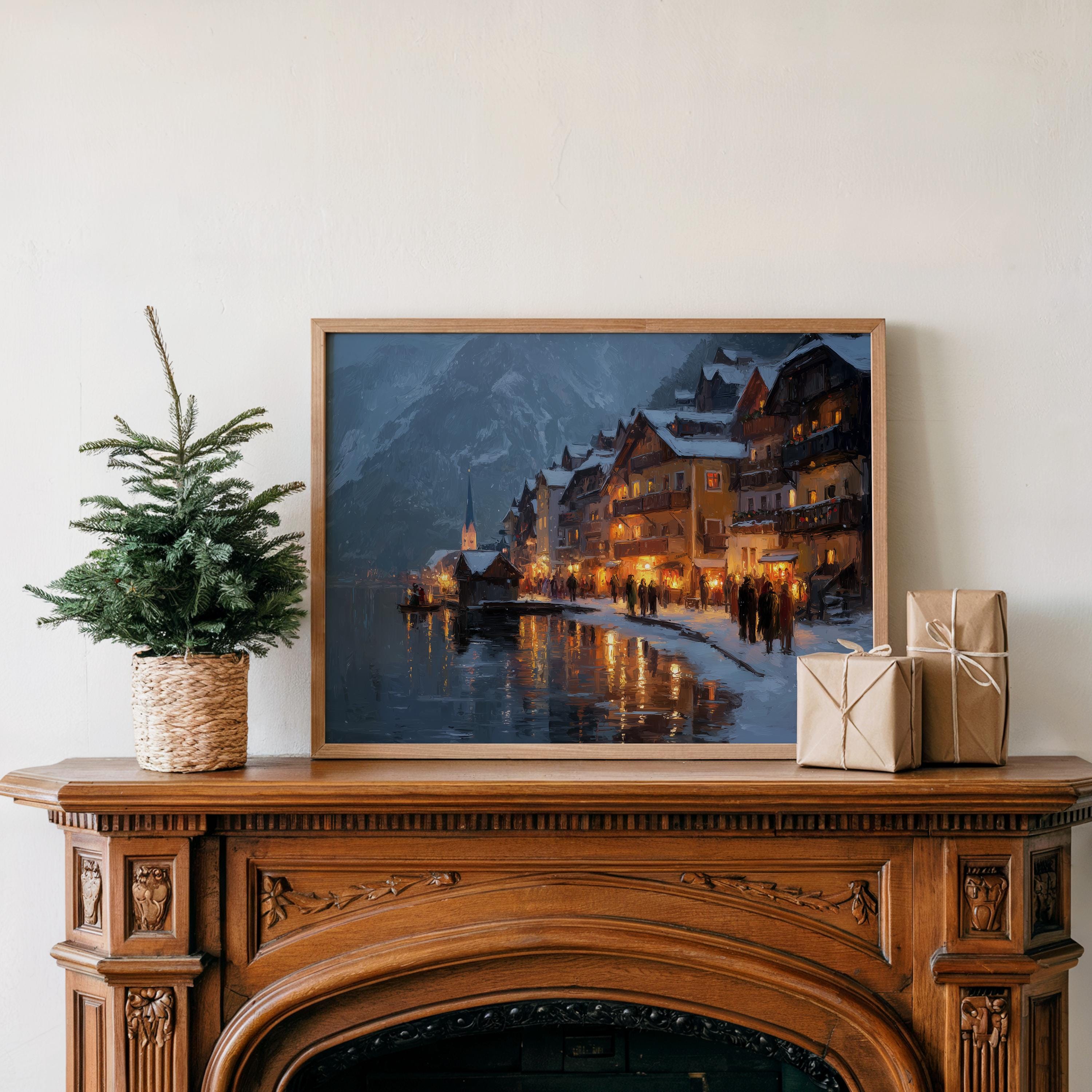 Hallstatt Christmas Wall Art, Custom Large Austria Travel Poster Print, World Location Painting