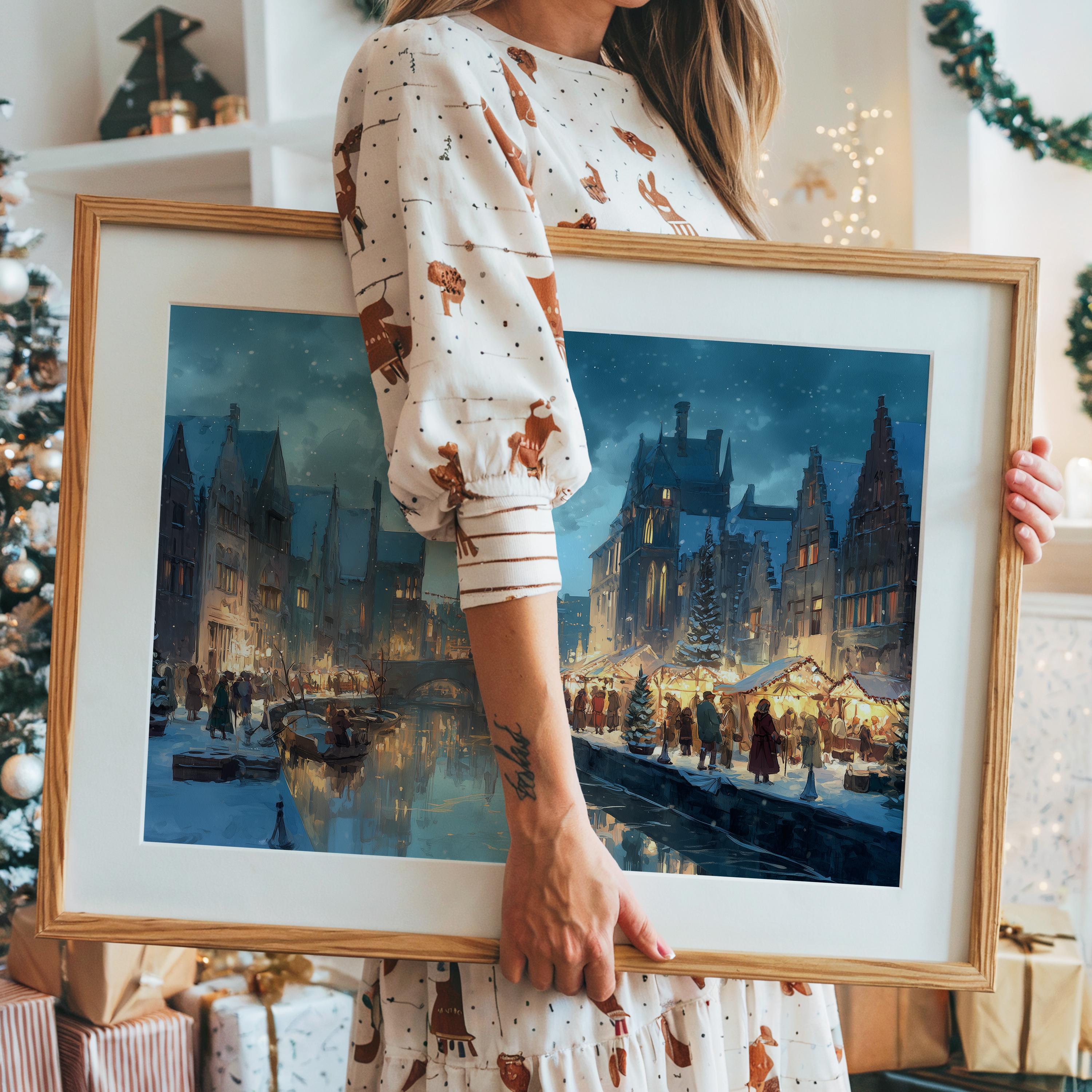 Ghent  Belgium Christmas Wall Art, Custom Large Travel Poster Print, World Location Painting